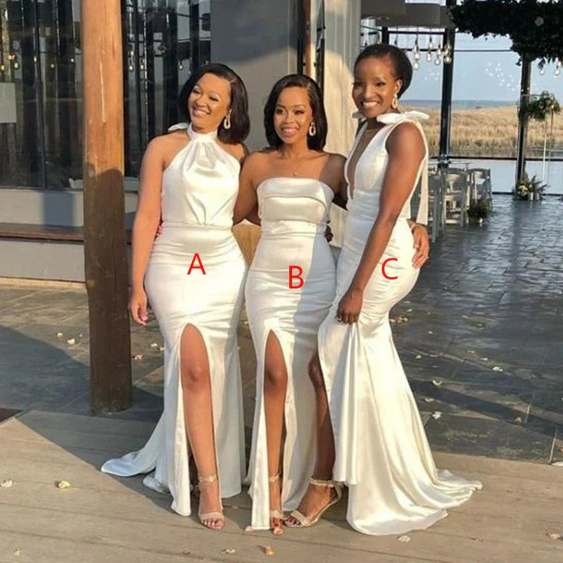 Elegant Mismatched White Stretch Satin Bridesmaid Dresses - Mermaid Style with High Slit for Wedding Party, Formal Events & Special Occasions