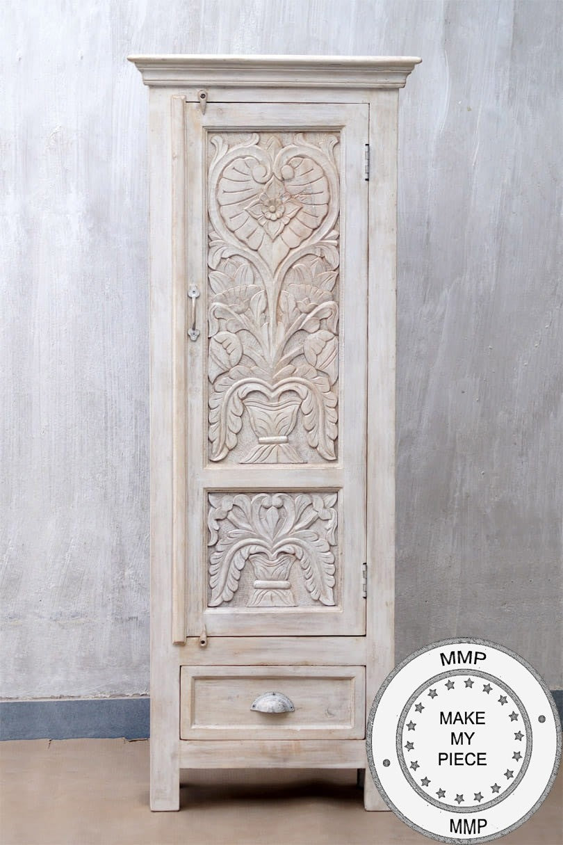 Hand Carved Indian Wooden Floral Wardrobe Cabinet - Small White Storage for Bedroom, Closet & Home Decor | Perfect for Organizing Jewelry, Scarves & Accessories