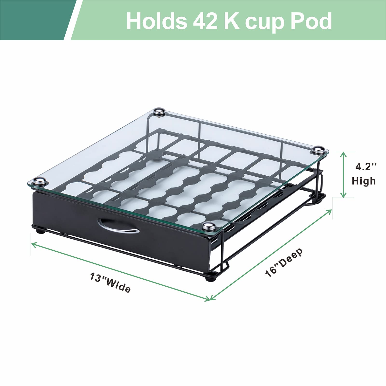 ZCDCP K Cup Holder Drawer Storage Organizer - Crystal Tempered Glass Top - Holds 42 K-Cups - Perfect for Keurig Coffee Pods - Office & Kitchen Counter Organization - Ideal for Coffee Stations, Break Rooms & Home Kitchens