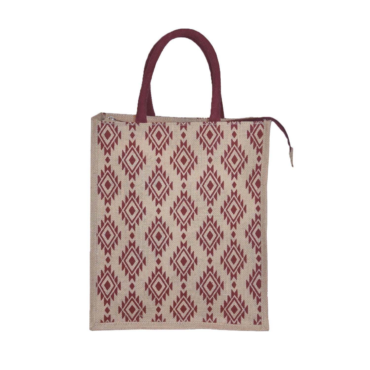 Eco-Friendly Jute Tote Bag with Zipper - Handcrafted Diamond Print Lunch Bag for Men & Women | Durable & Sustainable Reusable Shopping Bag for Work, Picnic, Grocery & Beach