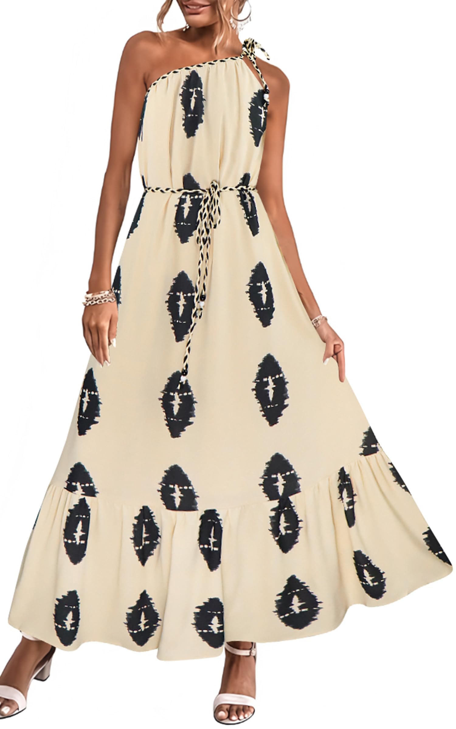 ECOWISH Women's Summer Maxi Dress - One Shoulder Casual Midi Dress with Pockets, Boho Beach Vacation Sundress for Resort & Outdoor Activities | Perfect for Pool Parties, Tropical Getaways and Summer Festivals