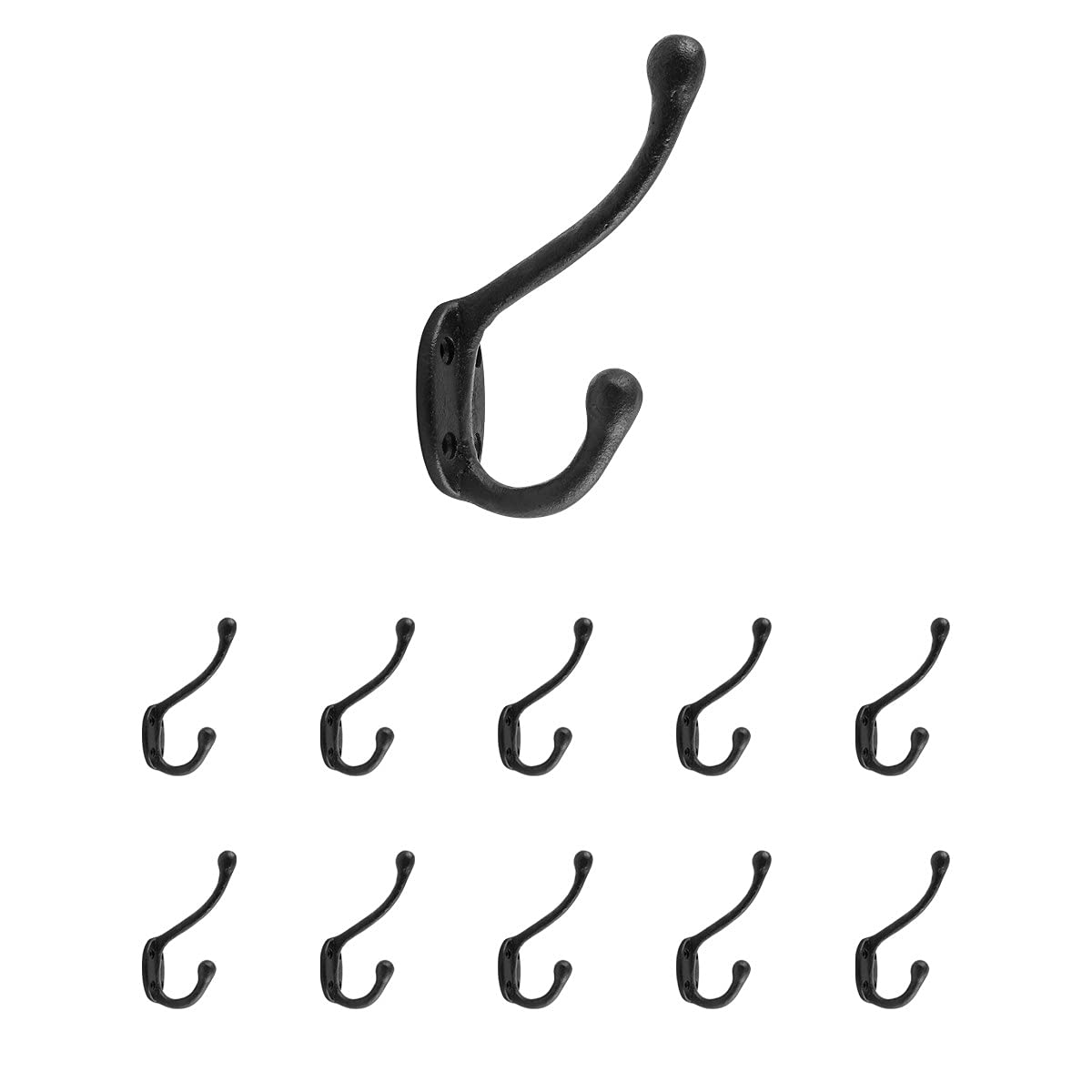 Black Wrought Iron Double Coat Hooks - 5 Inch Rustic Wall Mounted Hangers for Entryway, Bathroom & Bedroom - Pack of 10 with Hardware - Rust Resistant for Jackets, Hats & Towels (Home Decor & Organization)