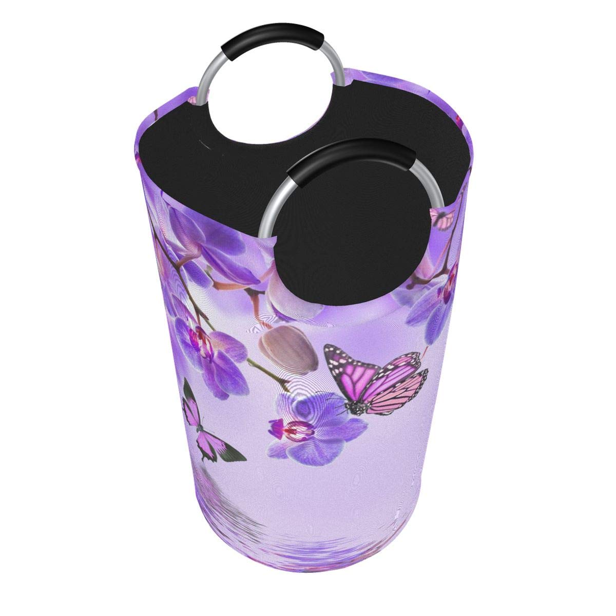 Dujiea 82L X-Large Collapsible Laundry Hamper with Aluminum Handles - Purple Butterfly Design, Tall Round Clothes Storage Basket for Kids, Dorm Room, Bedroom & Bathroom Organization