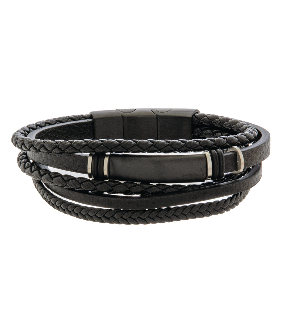 Men's Leather Bracelet with Black Steel Accents - Adjustable 19-21cm (7.5-8.3