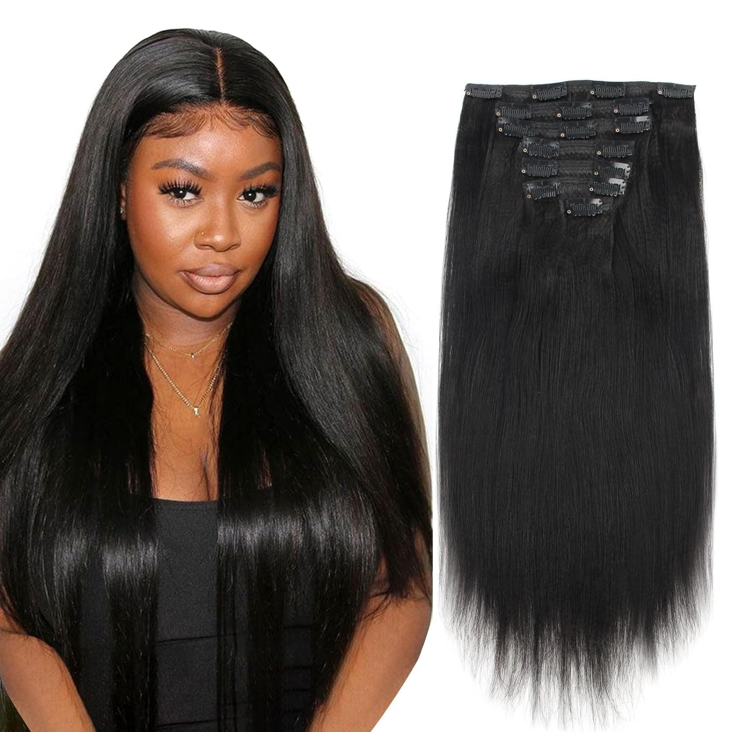 ABH AMAZINGBEAUTY Real Remy Human Hair Extensions - 7pc Thick Yaki Straight Clip-Ins for African American Relaxed Hair (22 Inch, 120g) | Natural Black Color | Perfect for Daily Styling, Special Occasions & Volume Boost