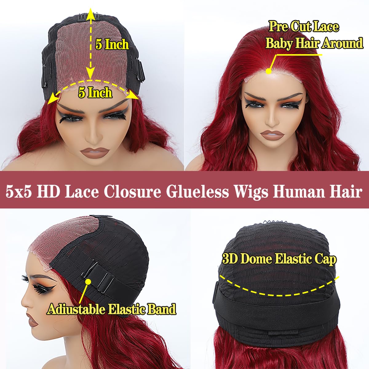 99J Burgundy 30 Inch Human Hair Lace Front Wig - Glueless Pre Plucked Pre Cut 5x5 HD Body Wave Lace Closure Wig for Beginners | Perfect for Daily Wear, Parties & Special Occasions