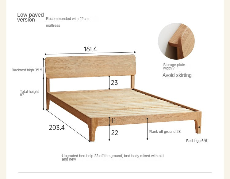 Solid Oak Rubber Wood Bed - Modern Nordic Style Queen/King Size Bed Frame for Bedroom, Living Room & Guest Room