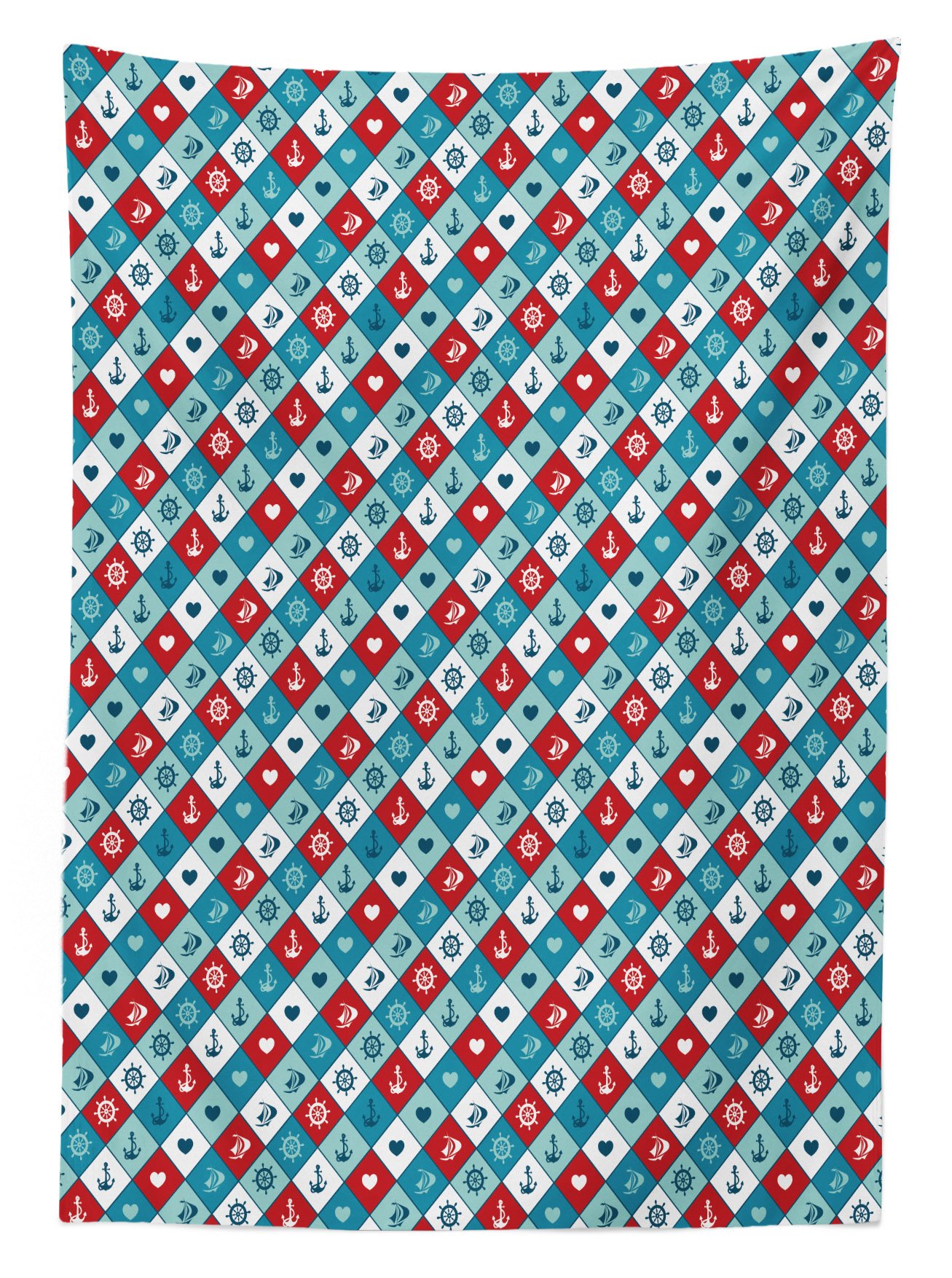 Lunarable Anchor Outdoor Tablecloth - Blue Red White Diagonal Squares Marine Design with Steering Wheel, Sailboat & Heart Shapes, 58