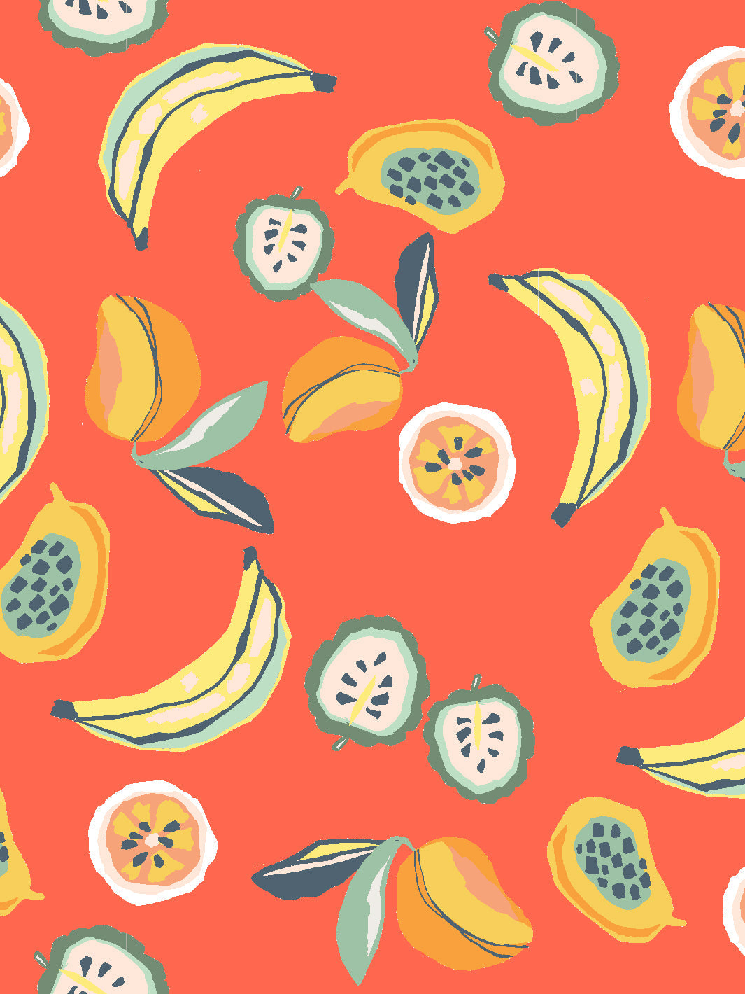Tea Collection Mango Papaya Wallpaper in Persimmon - Tropical Fruit-Themed Peel & Stick Wallpaper for Nursery, Kids Room, or Kitchen Decor