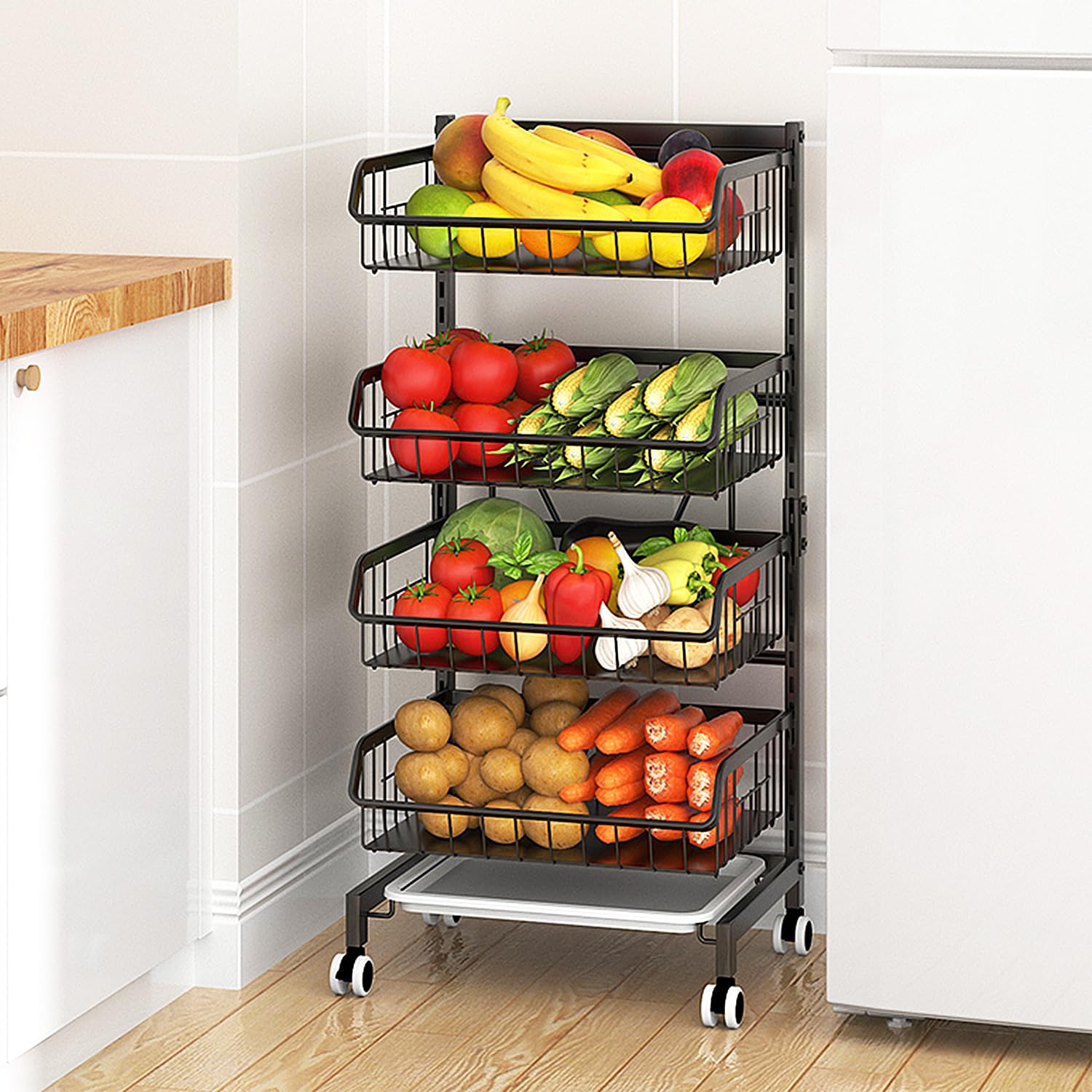 4-Tier Rolling Kitchen Cart with Wheels - Adjustable Metal Wire Storage Organizer for Fruits, Vegetables, Pantry & Utility Room - Black Snack Basket Rack (Handle Not Included) - Perfect for Small Spaces, Dorm Rooms & Kitchen Organization
