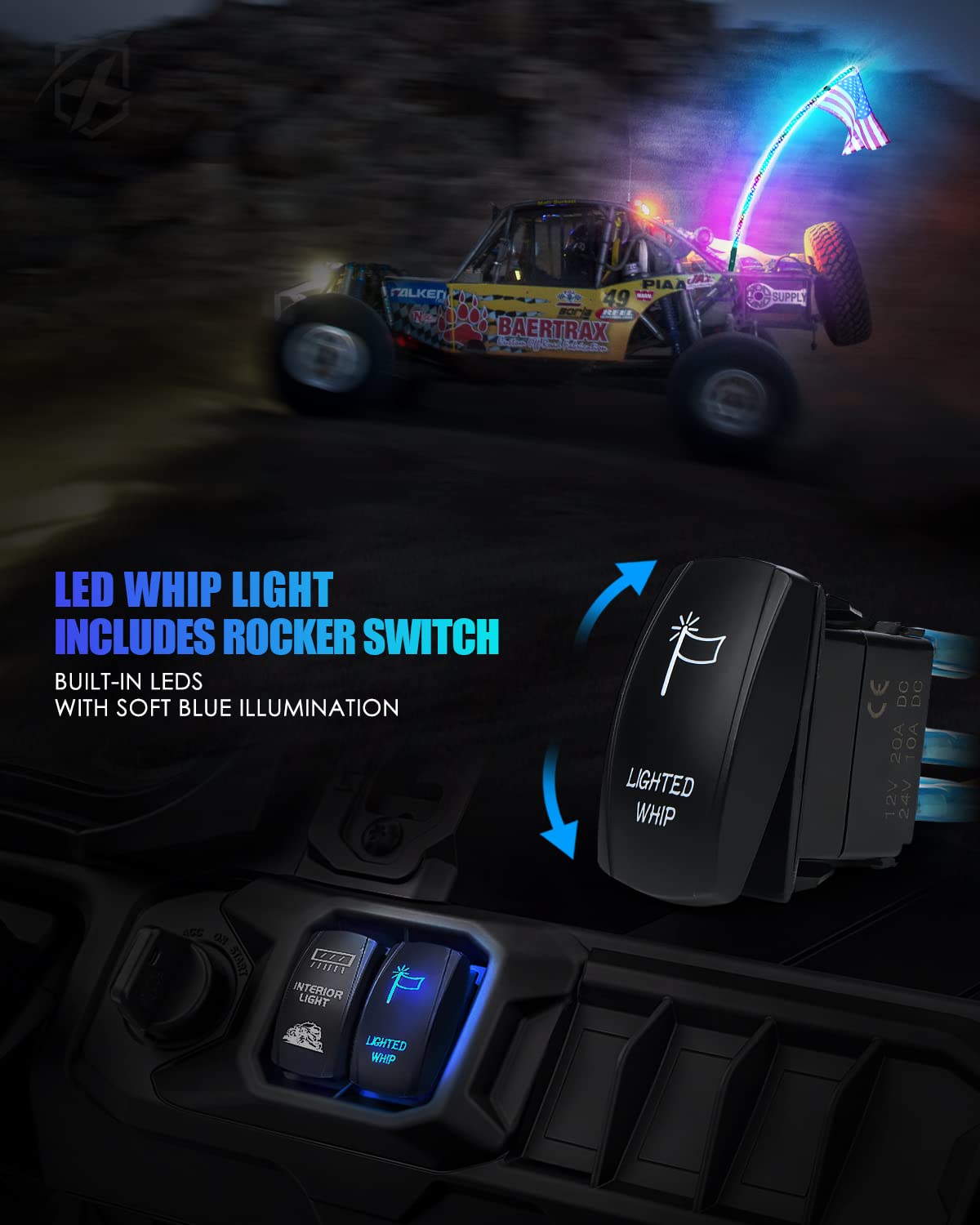 Xprite 5FT Spiral LED Whip Lights with Rocker Switch & Remote Control - American Flag Themed Safety Dream-Color Chase Lights for Off-Road Vehicles (SXS, SUV, UTV, RZR, Maverick X3, Side by Side, Dune Buggy, Trucks) - Perfect for Night Rides, Trail Adventures & Off-Road Racing