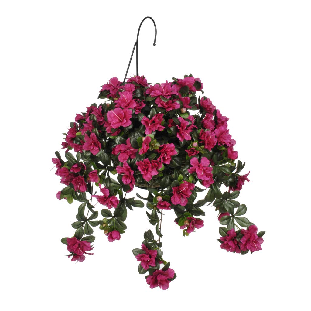 House of Silk Flowers Artificial Fuchsia Azalea in White Water Hyacinth Hanging Basket - Perfect for Indoor Decor, Outdoor Patio, and Garden Enhancements