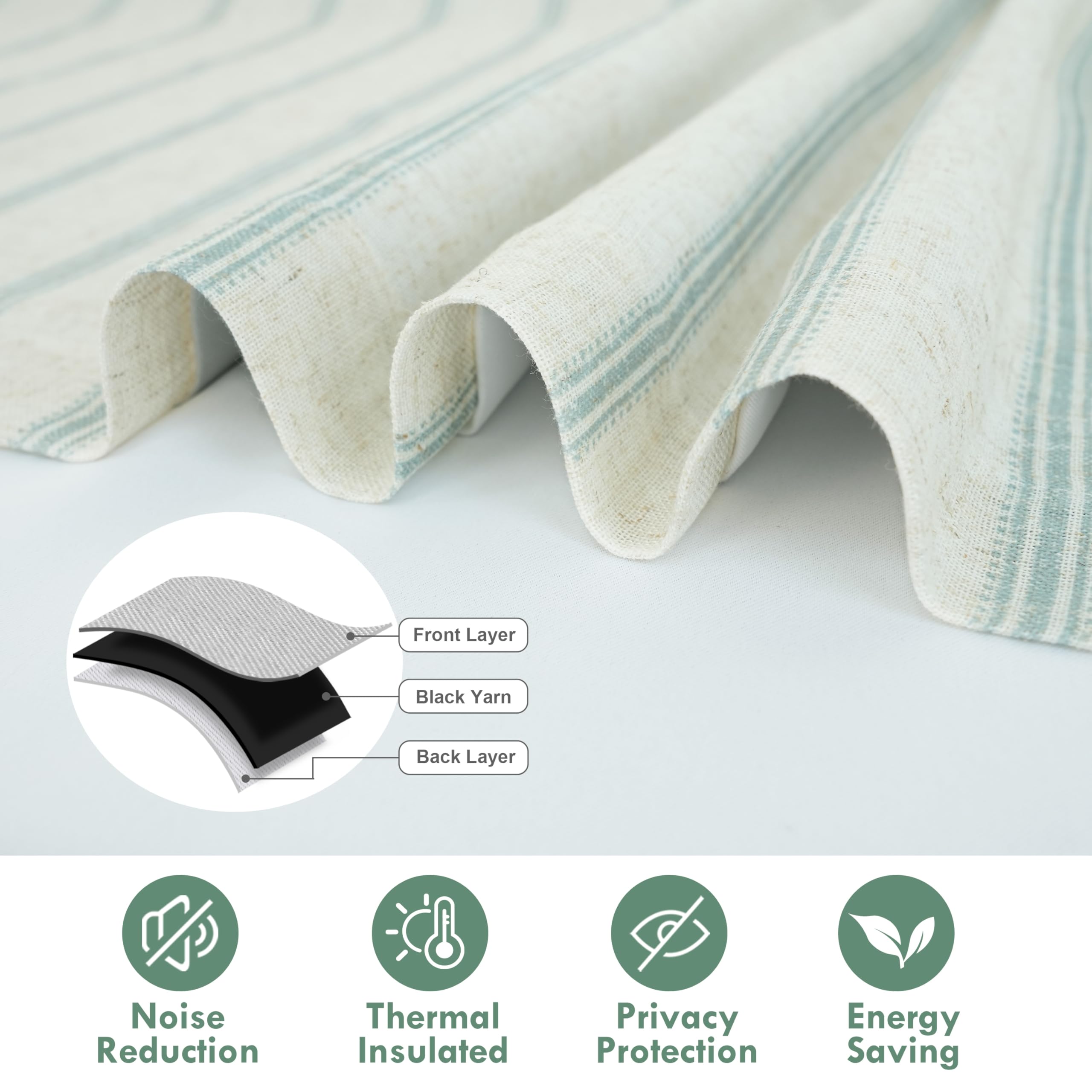 Thermal Insulated Blackout Curtains 45x63 Inch - Farmhouse Double Layer Linen Tie-Up Roman Shades with Adjustable Rod Pocket, Green Vertical Striped for Bathroom & Bedroom Windows - Energy Saving & Light Blocking Window Treatment for Home Decor