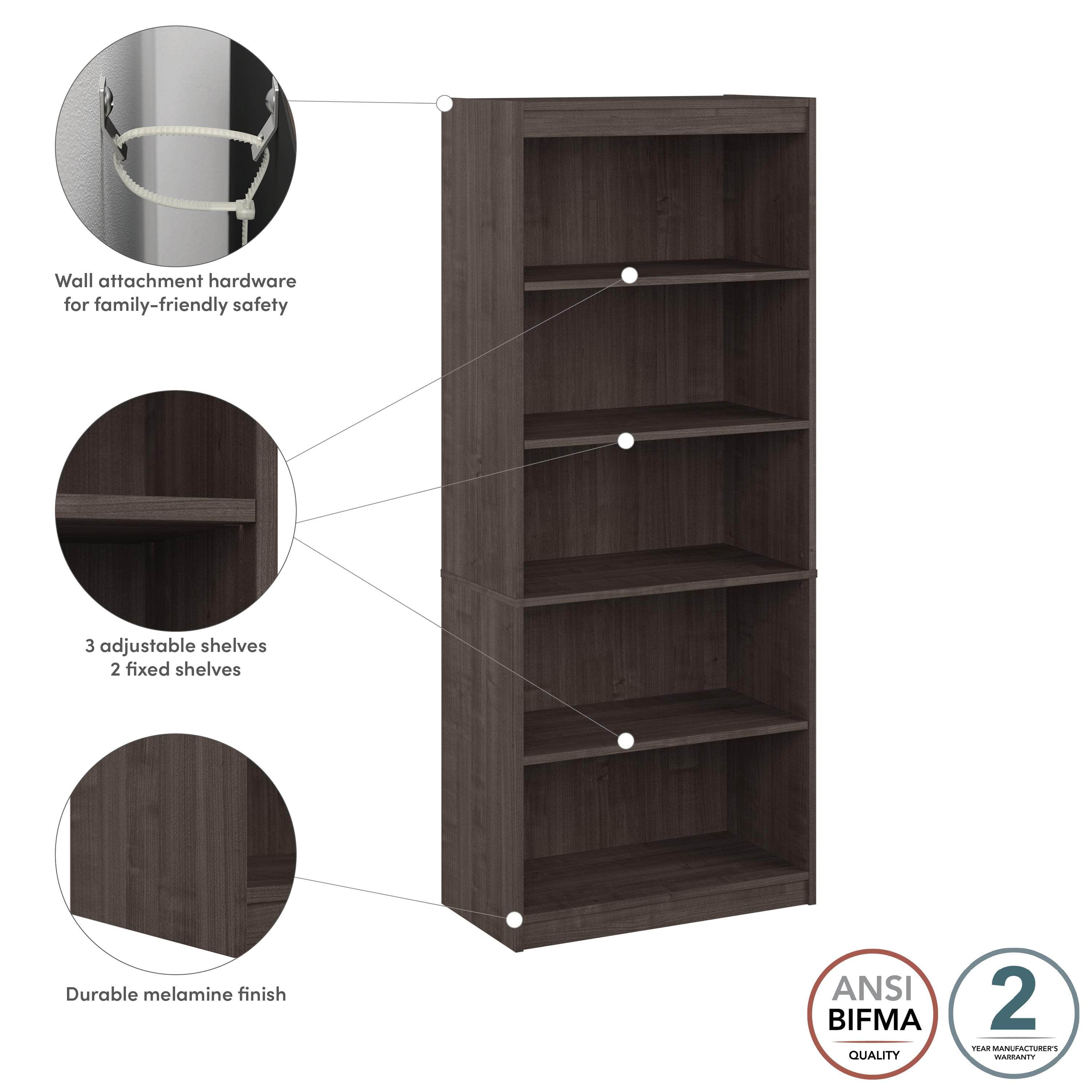 Ridgeley 30W 5-Tier Bookshelf - White, Black & Walnut Finish | Space-Saving Bookcase for Living Room, Office & Bedroom Storage