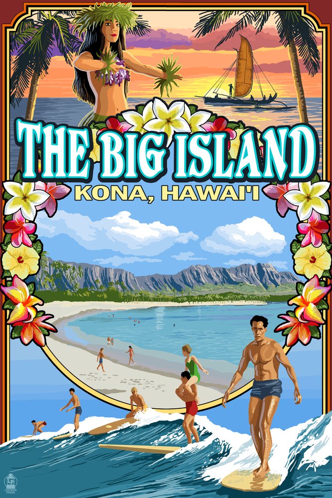 Hawaii Kona Montage Scene - 16x24 Gallery Quality Metal Wall Art, Aluminum Decor for Living Room, Bedroom & Office