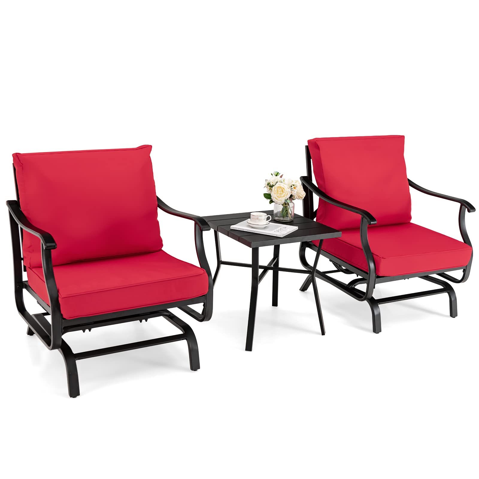Giantex 3-Piece Outdoor Bistro Set with Rocking Chairs & Coffee Table - Steel Patio Rockers, Gliding Front Porch Furniture for Yard, Poolside, Deck, Garden (Red) | Perfect for Relaxing in Backyard, Balcony or Outdoor Entertaining