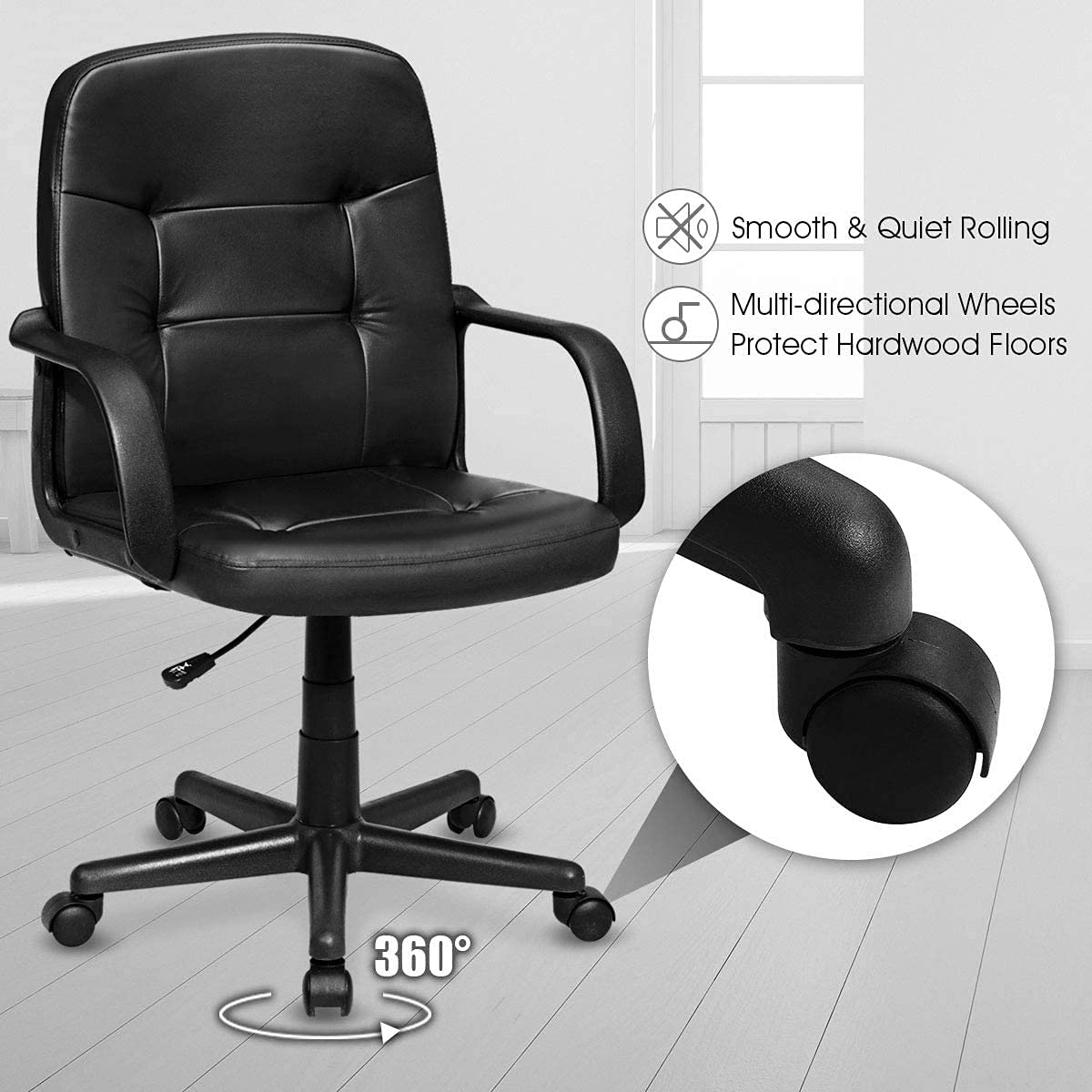 Premium PVC Leather Office Chair - Adjustable Height, Breathable Seat & Ergonomic Armrests - 360° Swivel with Smooth-Rolling Wheels - Perfect for Home Office, Gaming & Workspace (Black)