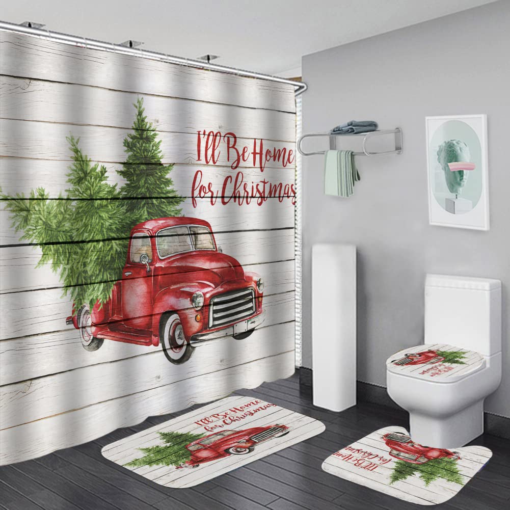 Vintage Red Truck Christmas Shower Curtain Set - Holiday Bathroom Decor with Retro Car Design - Waterproof Fabric Bath Curtain for Xmas, New Year & Winter Home Decor - Perfect for Holiday Parties, Family Gatherings & Festive Bathroom Makeovers
