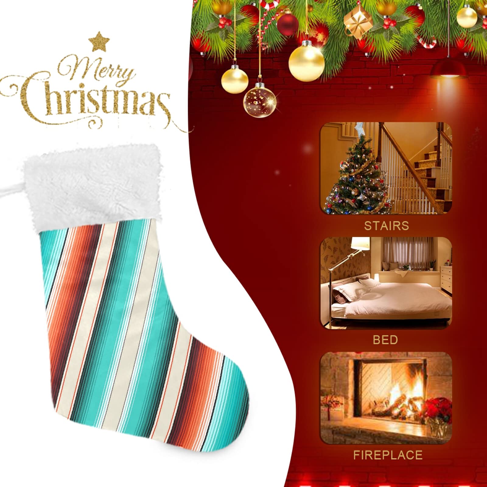 2 Pack Mexican Serape Striped Christmas Stockings - 17.7 Inch Large Fireplace Hanging Decorations for Holiday Gift Exchange & Festive Home Decor