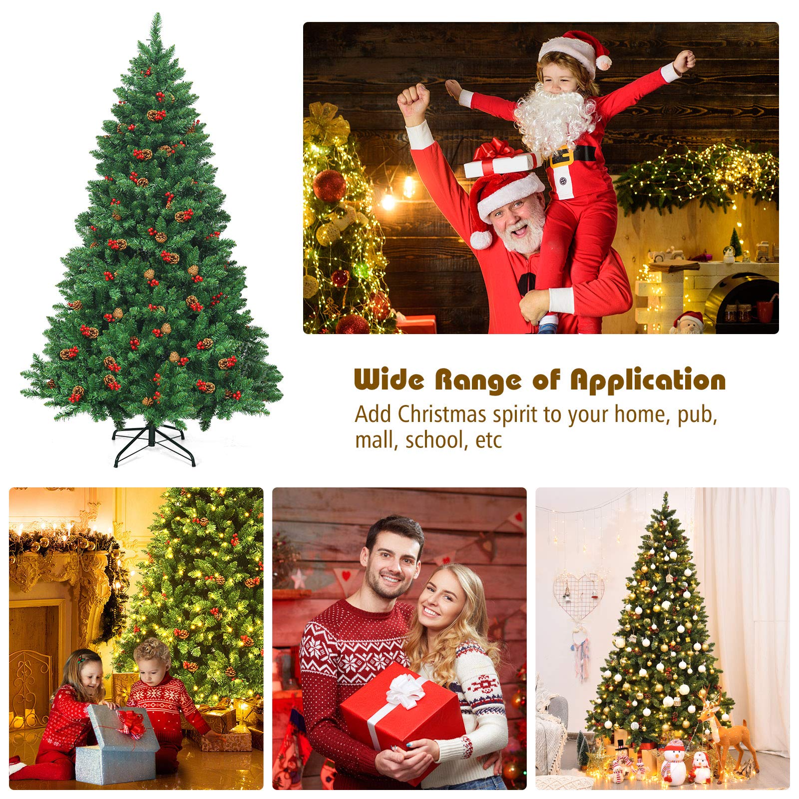 7.5ft Pre-Lit Artificial Christmas Tree with 1526 PVC Branches, 550 Warm White LED Lights (UL Certified), 73 Pine Cones & Red Berries - Foldable Metal Hinge Base - Perfect for Home Decor, Holiday Parties & Christmas Celebrations