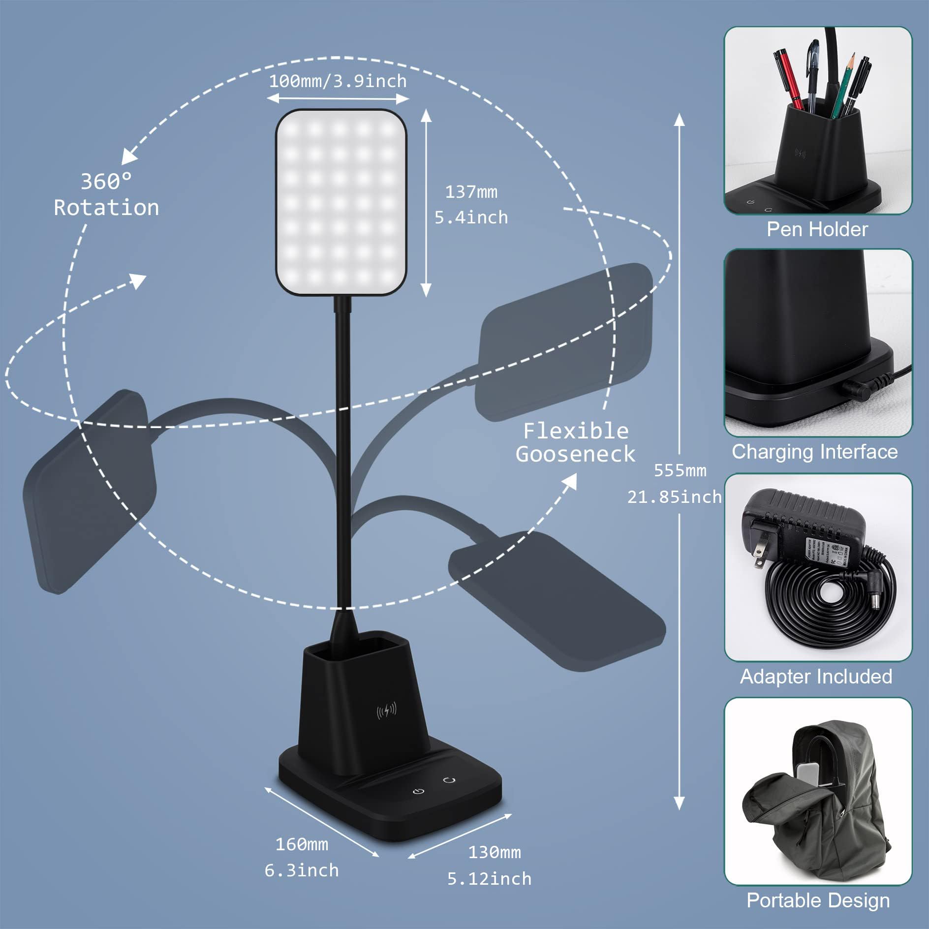 Sailstar LED Desk Lamp with Wireless Charger & Pen Holder - 3 Color Modes, Dimmable, 800LM, CRI85 - Perfect for Home Office, Study & College Dorm Room (Black, Adapter Included)