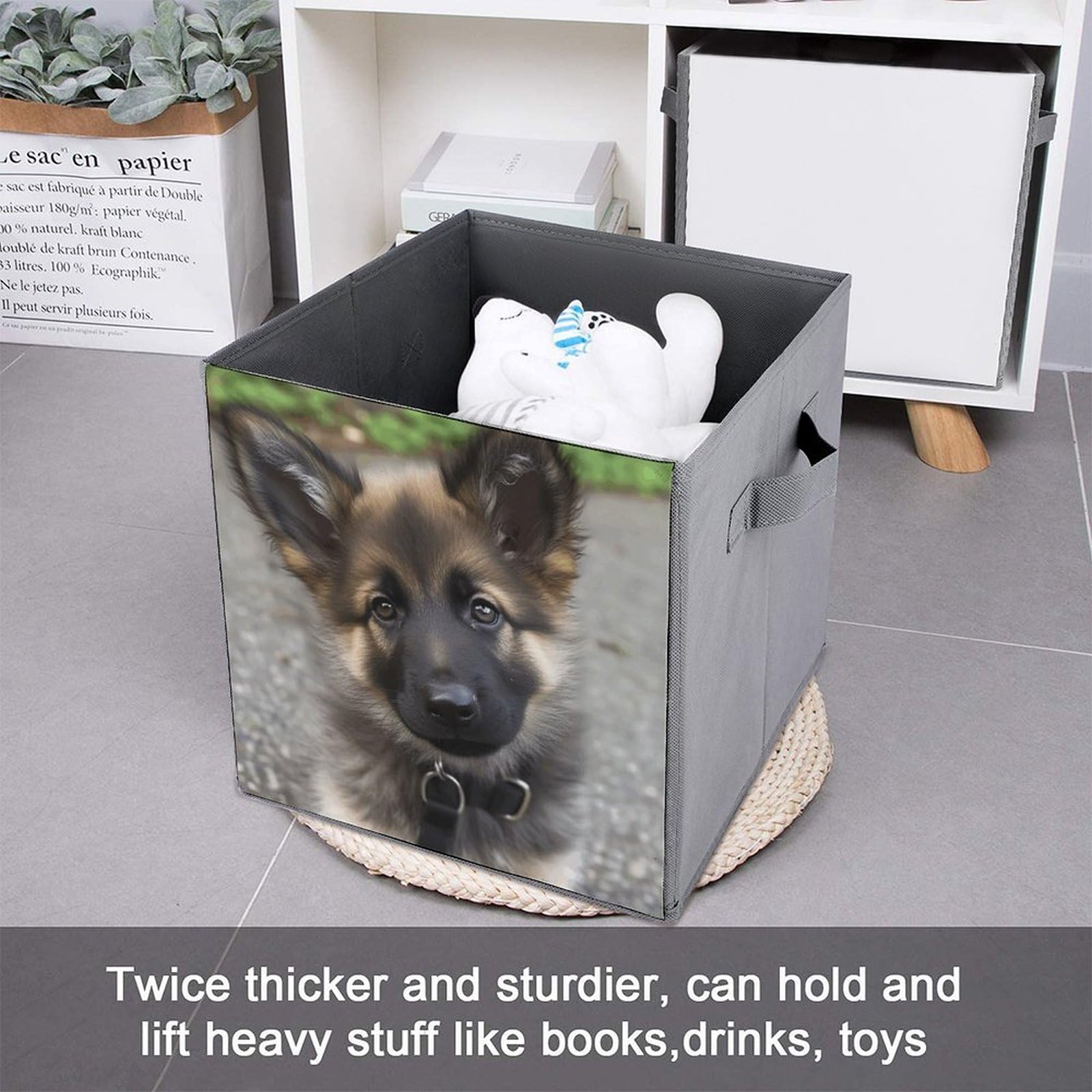 Collapsible Storage Bins 2-Pack - Stackable Foldable Storage Containers with Handles, Cute German Shepherd Puppy Design - Home Organization Cube Baskets for Closet, Nursery, Office & Laundry Room