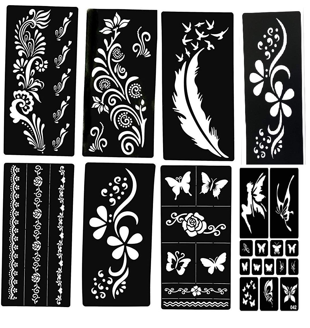 8 Pieces Indian Henna Tattoo Stencil Kit - Temporary Body Art for Hands, Fingers & Feet - Perfect for Weddings, Festivals & DIY Body Painting (Women & Girls)