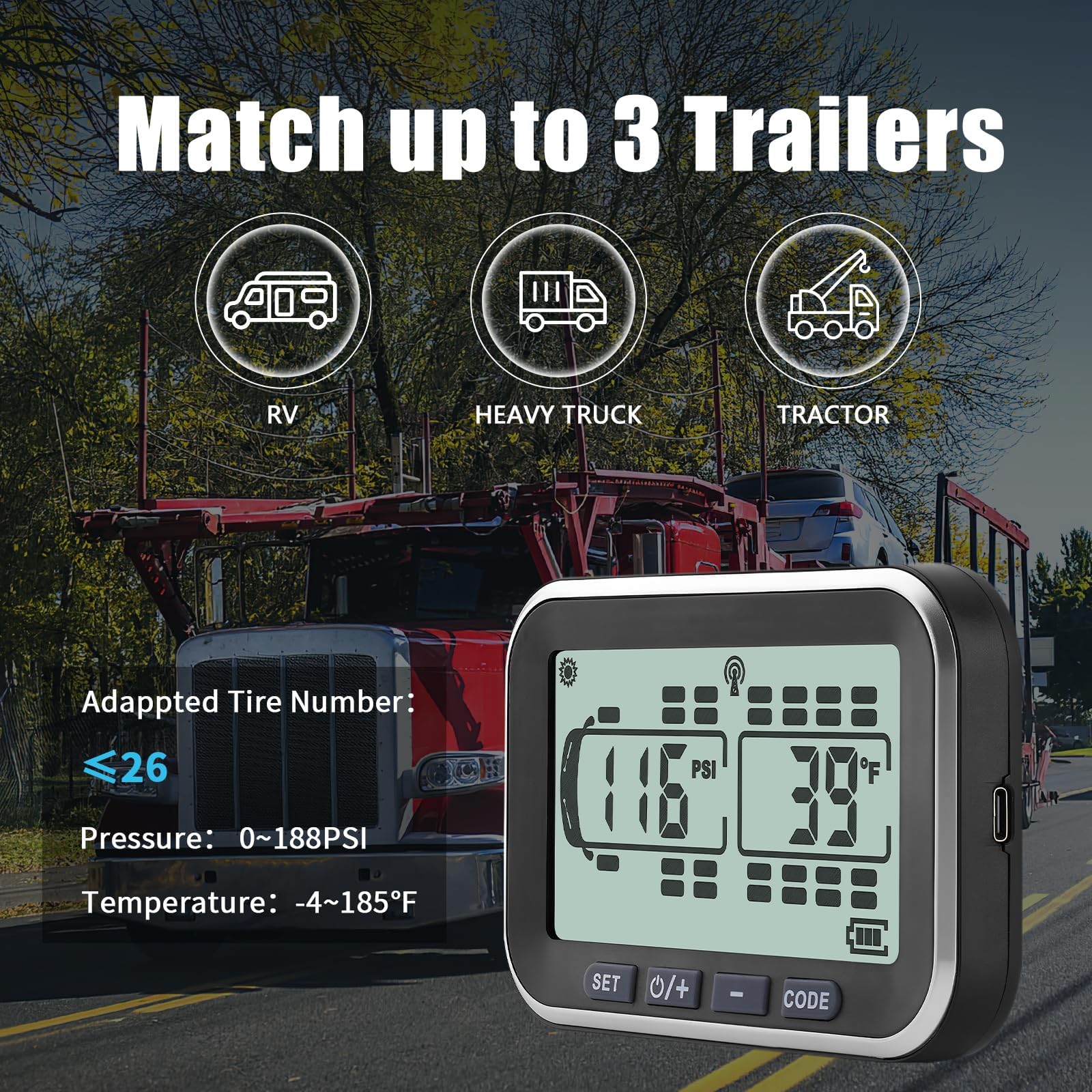MIRAIDON RV TPMS - 12 Theft Sensors, 5 Alert Modes, Solar Powered Wireless Tire Pressure Monitoring System for RVs, Trailers & Heavy Trucks | 80ft Sensing Distance | Real-Time Monitoring for Safer Road Trips & Long-Haul Travel