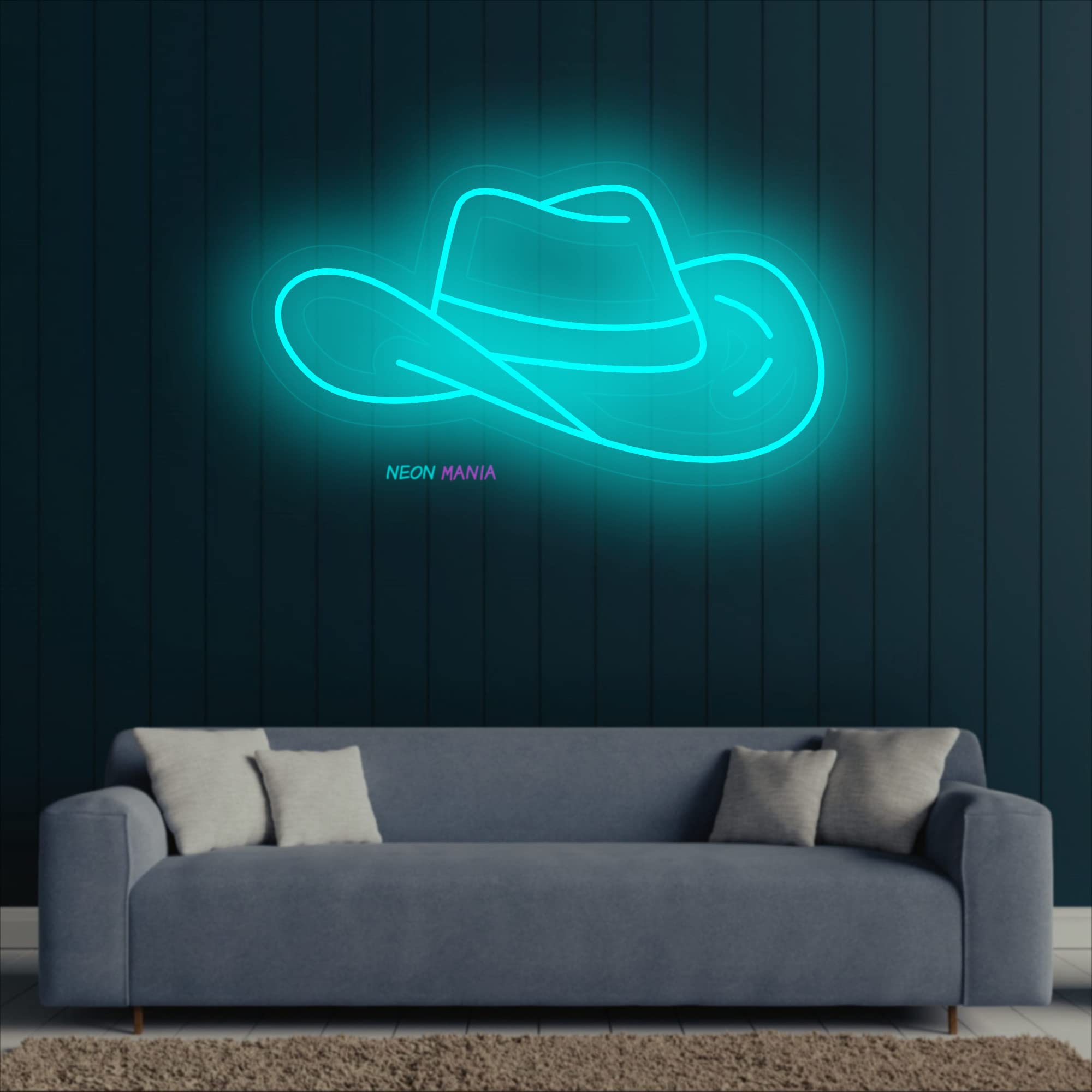 Blue Cowboy Hat LED Neon Sign - Western Themed Light Up Bar Decor for Home, Saloon & Ranch - 40 Inches