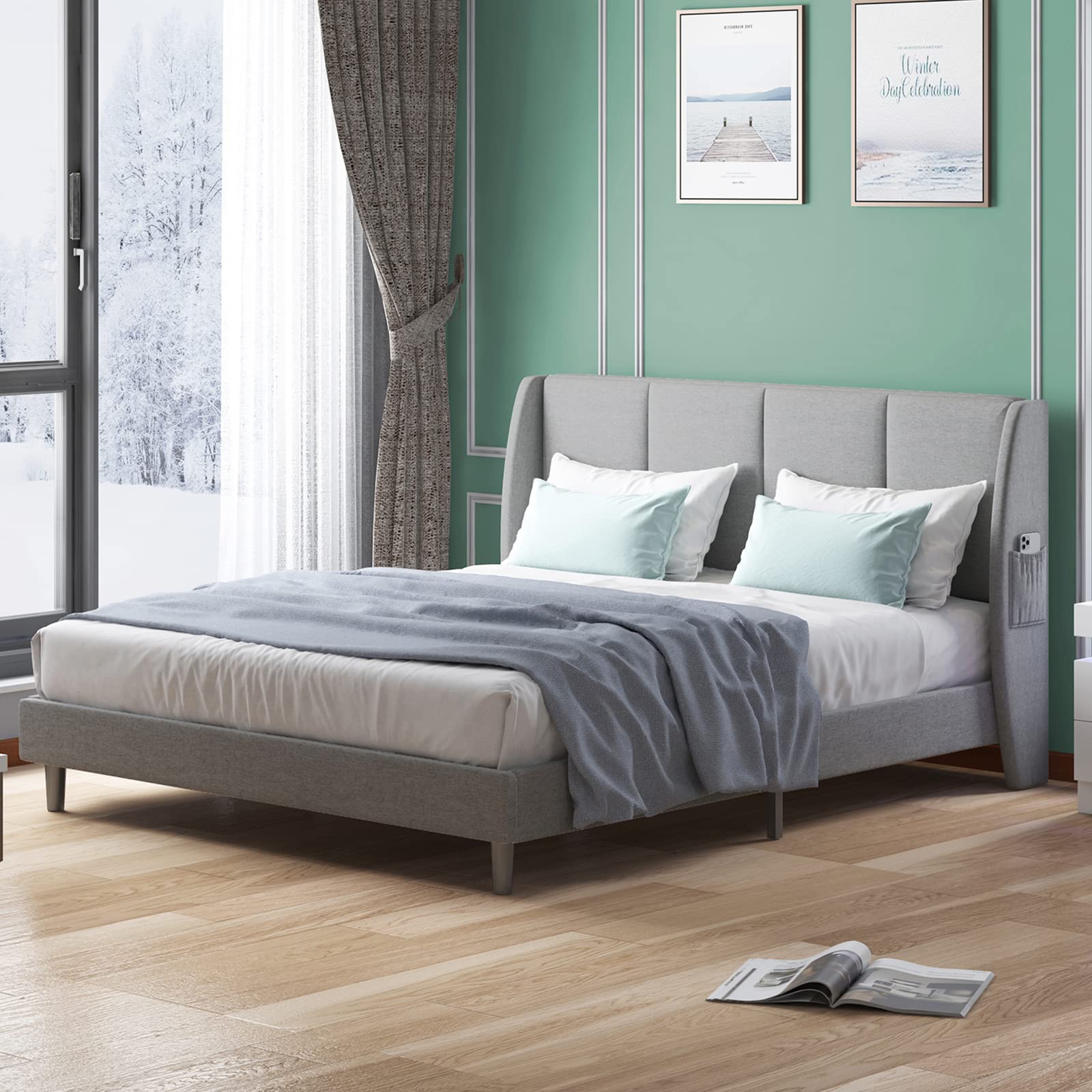 King Size Platform Bed Frame with Headboard & Wood Slat Support - No Box Spring Needed | Stylish Wingback Design in Dark Grey | Easy Assembly for Master Bedroom or Guest Room