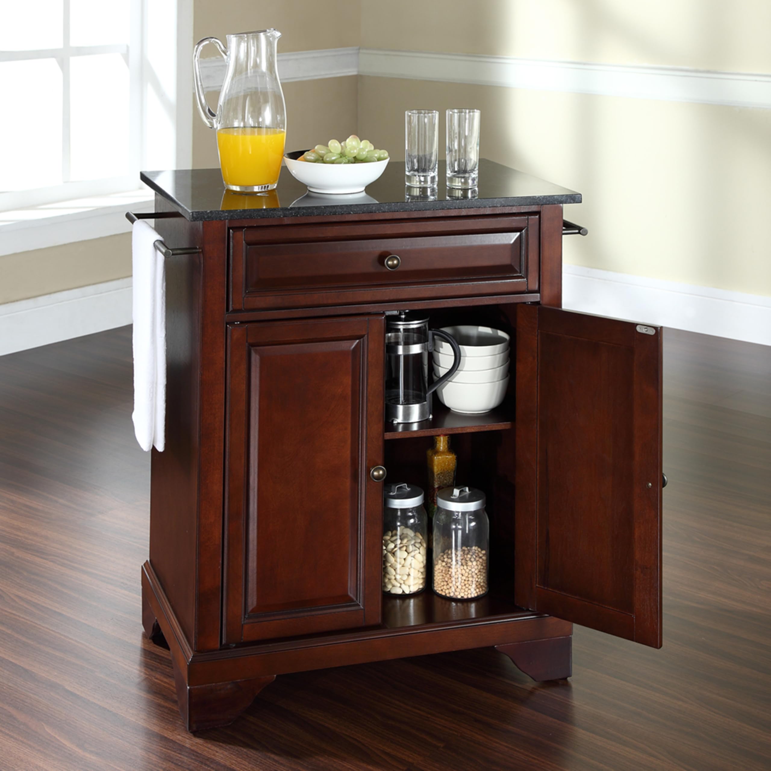 Crosley LaFayette Granite Top Portable Kitchen Island Cart with Wheels - Microwave Stand, Storage Cabinet, Mahogany Finish for Small Spaces | Perfect for Apartments, Dorms & Compact Kitchens