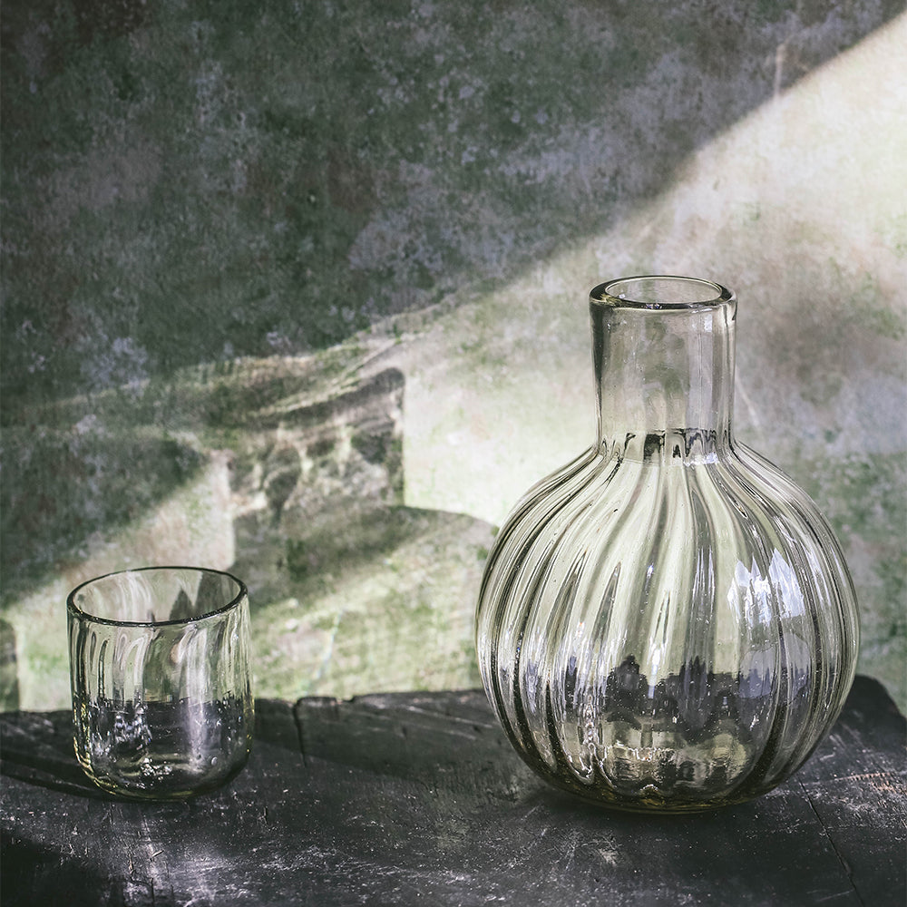 Eco-Friendly Recycled Glass Fluted Carafe Set - 2-Piece Water Pitcher & Drinking Glasses for Home, Kitchen & Party Serving - Perfect for Iced Tea, Lemonade & Cocktails