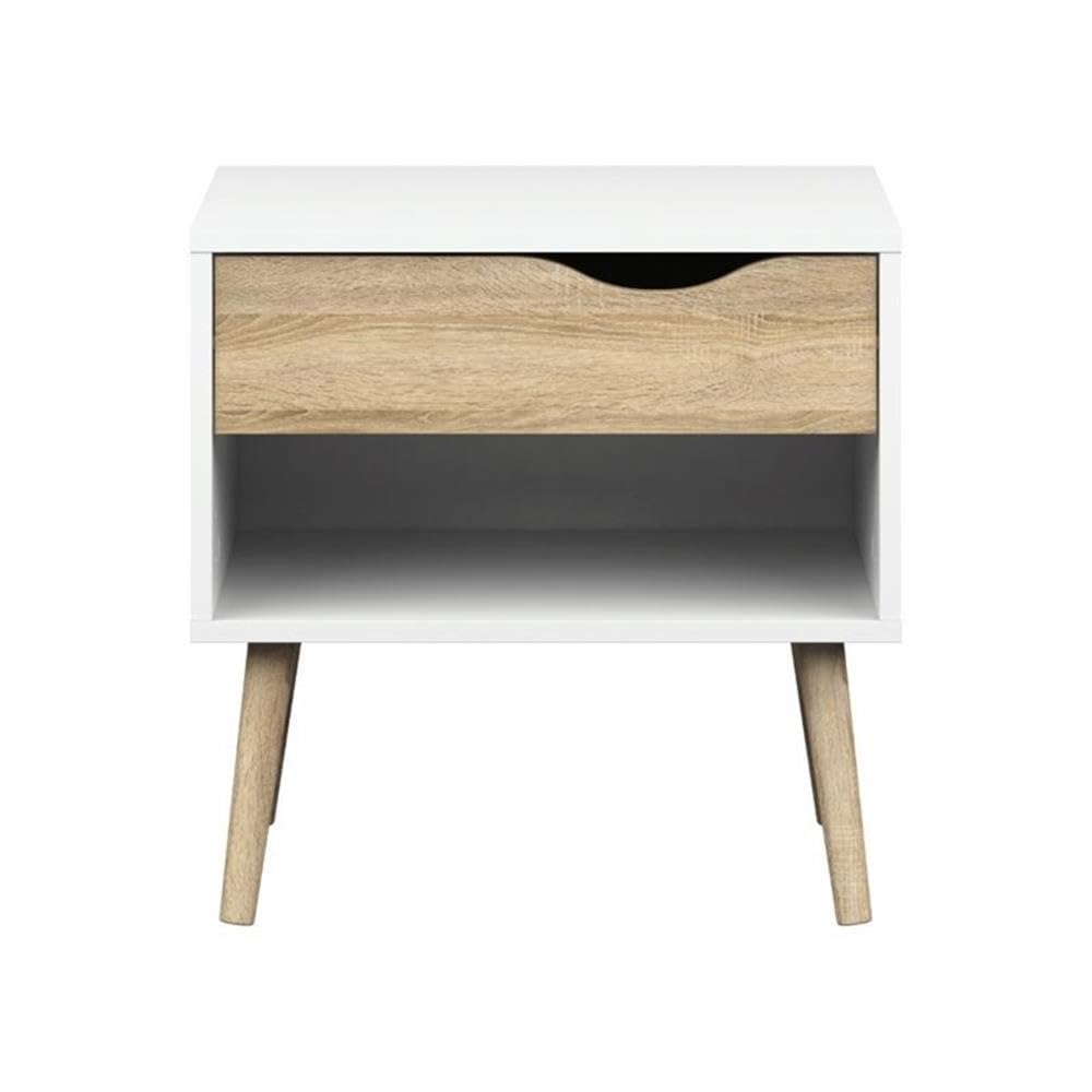 Scandinavian Style Nightstand with Round Flared Legs - White & Oak Finish - Perfect for Bedroom, Nursery, or Guest Room Decor