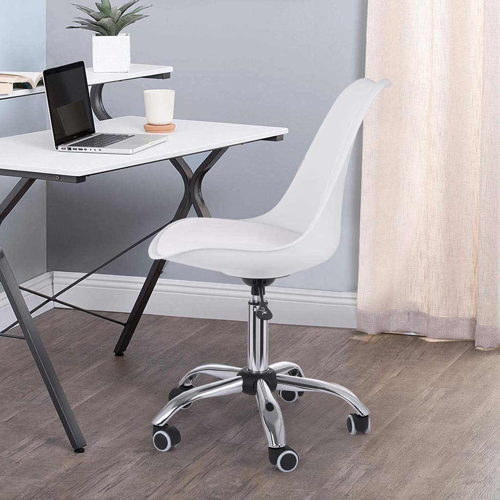 Adjustable Height Home Office Desk Chair - White Armless PU Leather Task Chair for Homeschool, Study, Computer Work | Swivel Mid Back Ergonomic Chair for Vanity, Beauty Salon & Workstation Use