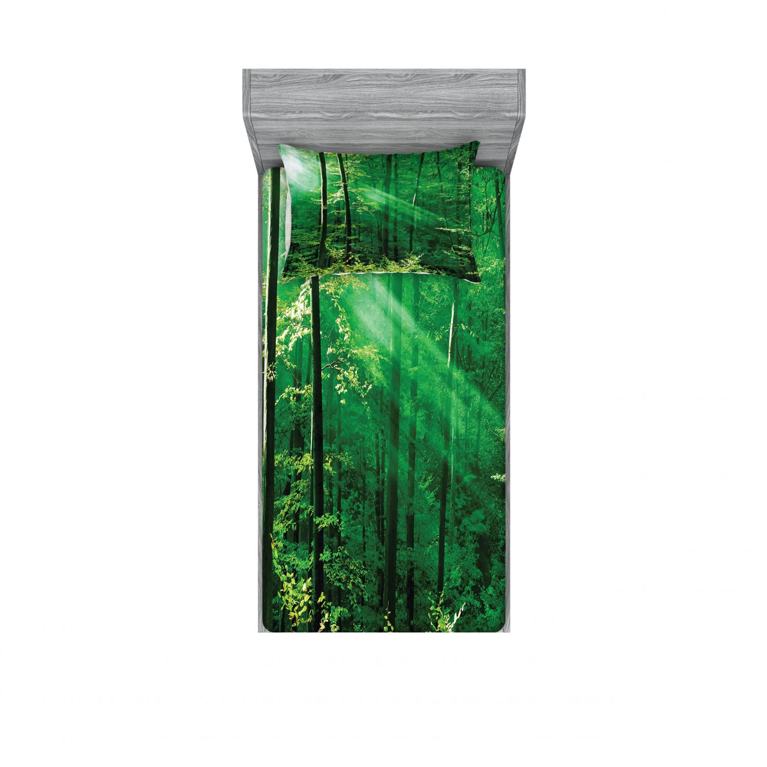 Ambesonne Farmhouse 2-Pack Twin Fitted Sheet & Pillow Sham Set - Forest Trees Morning Design - 4 Piece Bedding Decor (2 Fitted Sheets & 2 Pillow Covers) - Green & White - Perfect for Rustic Bedrooms, Guest Rooms & Cabin Retreats