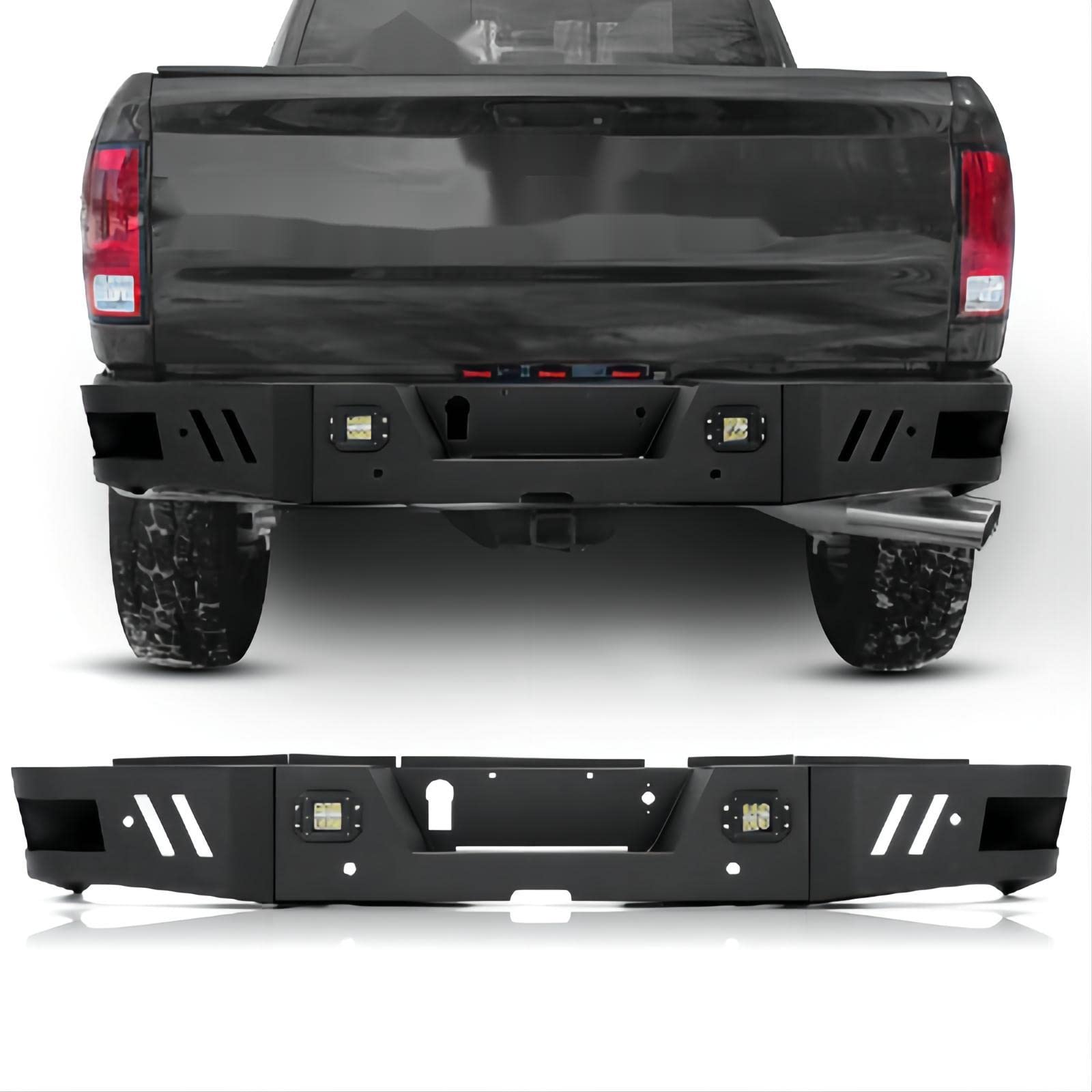 HECASA Heavy Duty Steel Rear Bumper with 2x18W LED Lights for 2010-2022 Dodge Ram 2500 3500 | Black Powder Coated Off-Road Bumper | Perfect for Truck Protection & Off-Road Adventures (2-Pack)