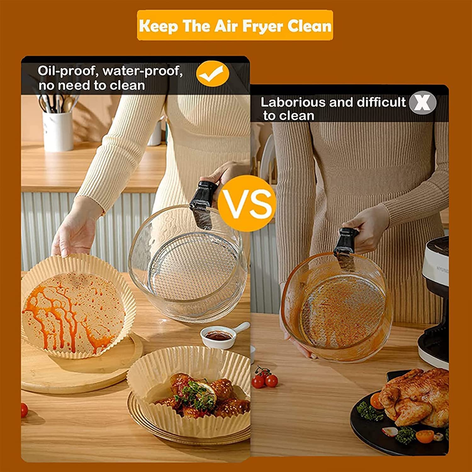 Non-Stick Air Fryer Liners 100Pcs (6.3 inch) with 100pc Disposable Gloves - Oil Proof, Waterproof, Food Grade Parchment Paper for Baking, Roasting, Microwave & Frying - Perfect for Healthy Cooking, Meal Prep & Party Snacks
