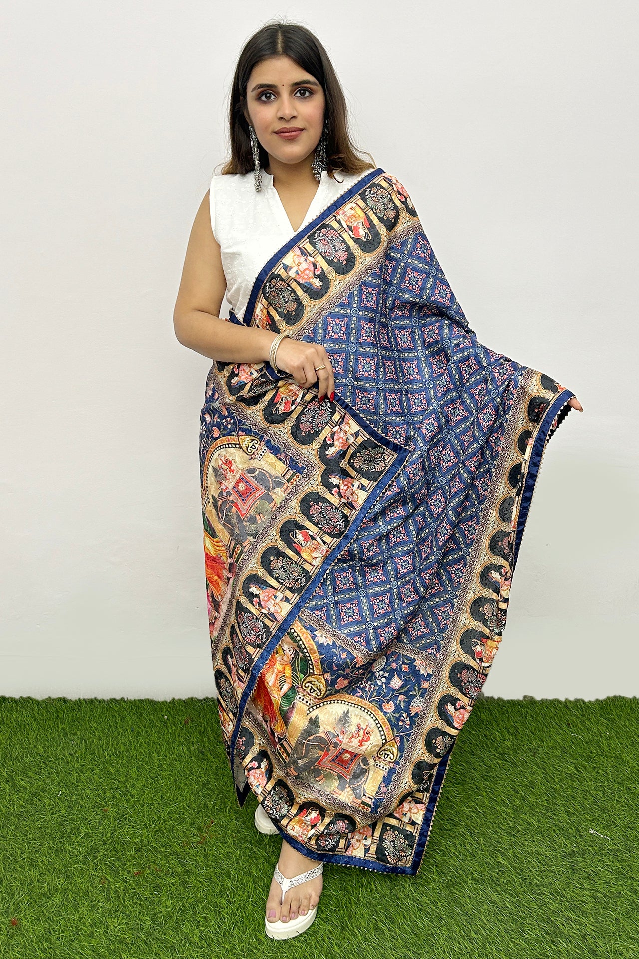Blue Poly Silk Digital Printed Ethnic Dupatta Scarf for Women - Elegant Party Wear & Festive Occasions - Perfect for Weddings, Diwali, and Cultural Events