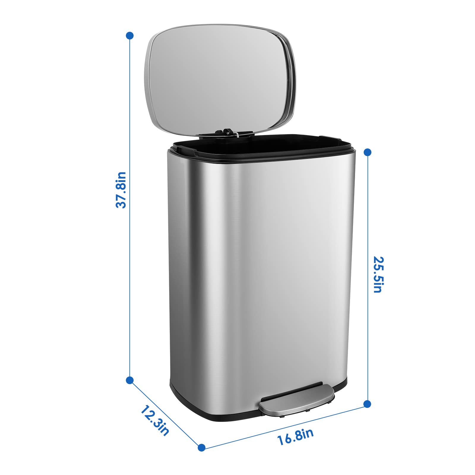 Premium Stainless Steel Trash Can with Silent Lid - 50L Durable Pedal Garbage Bin for Kitchen, Bathroom & Office - Odor-Proof Inner Bucket, Hands-Free Operation (Silver) - Perfect for Home, Restaurant & Commercial Use