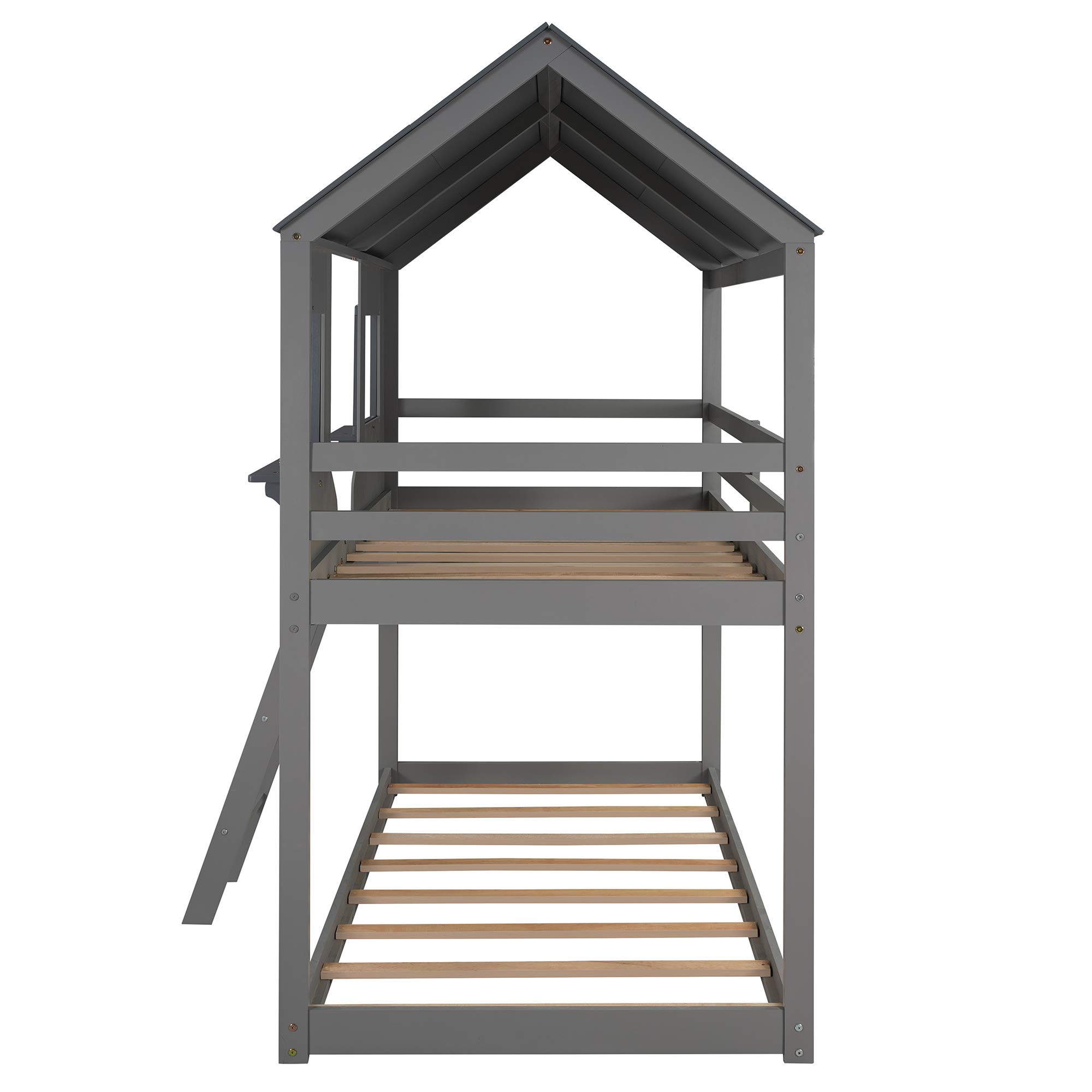House-Shaped Twin Over Twin Low Wood Bunk Bed for Kids & Toddlers - Gray with Roof, Window, Guardrail & Ladder | Safe Kids Bedroom Furniture for Small Spaces, Sleepovers & Shared Rooms