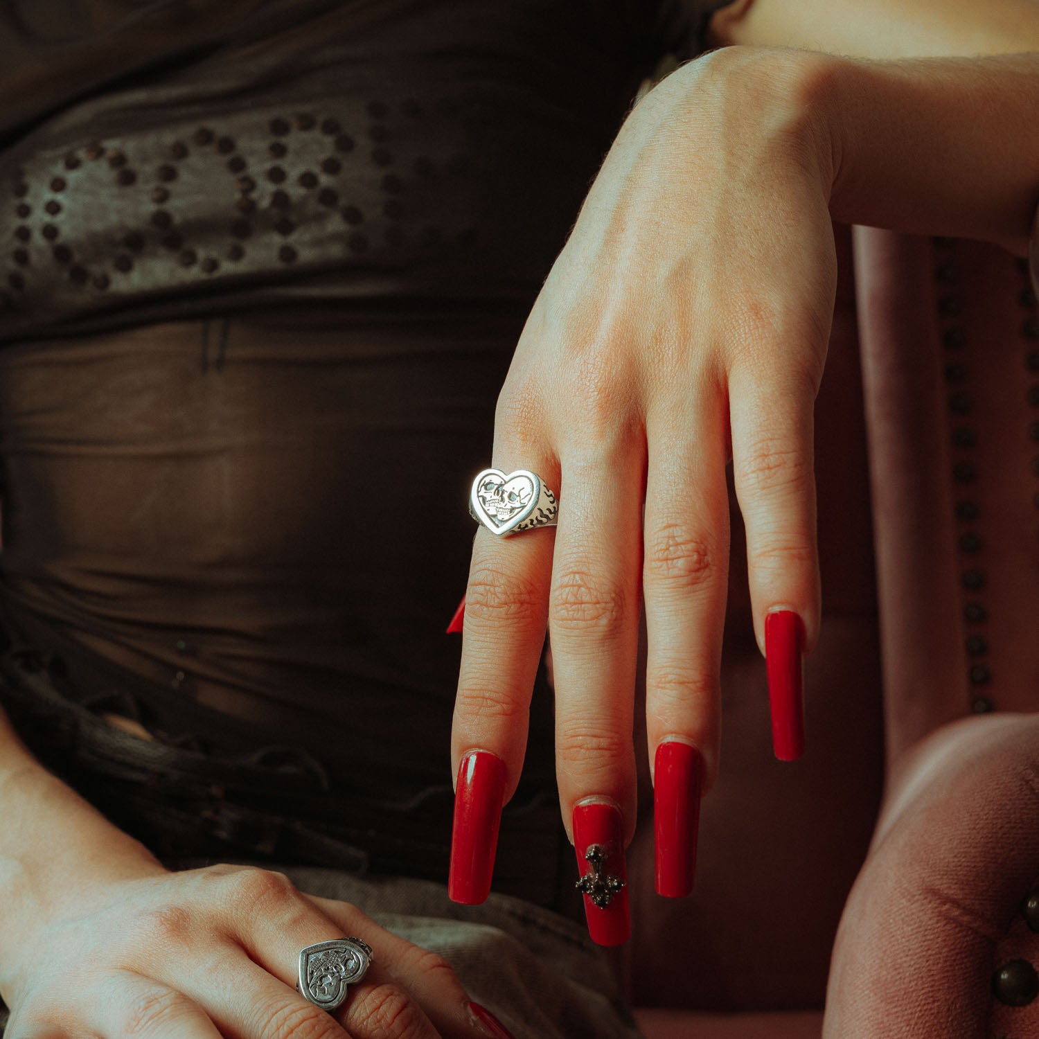 925 Sterling Silver Skull Heart Ring for Women - Gothic Punk Jewelry, Edgy Fashion Accessory - Perfect for Halloween, Valentine's Day & Alternative Style Lovers