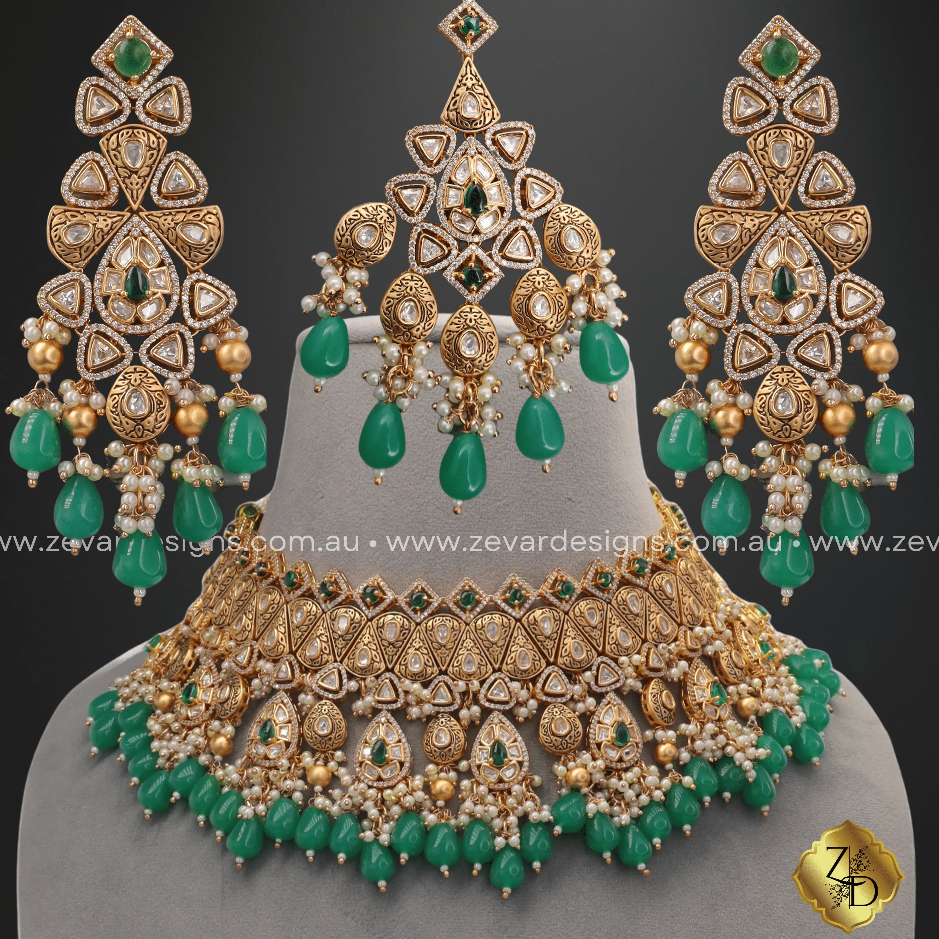 Exquisite Kundan Polki Choker Set with Tikka - Green Ethnic Jewelry for Weddings, Parties & Special Occasions