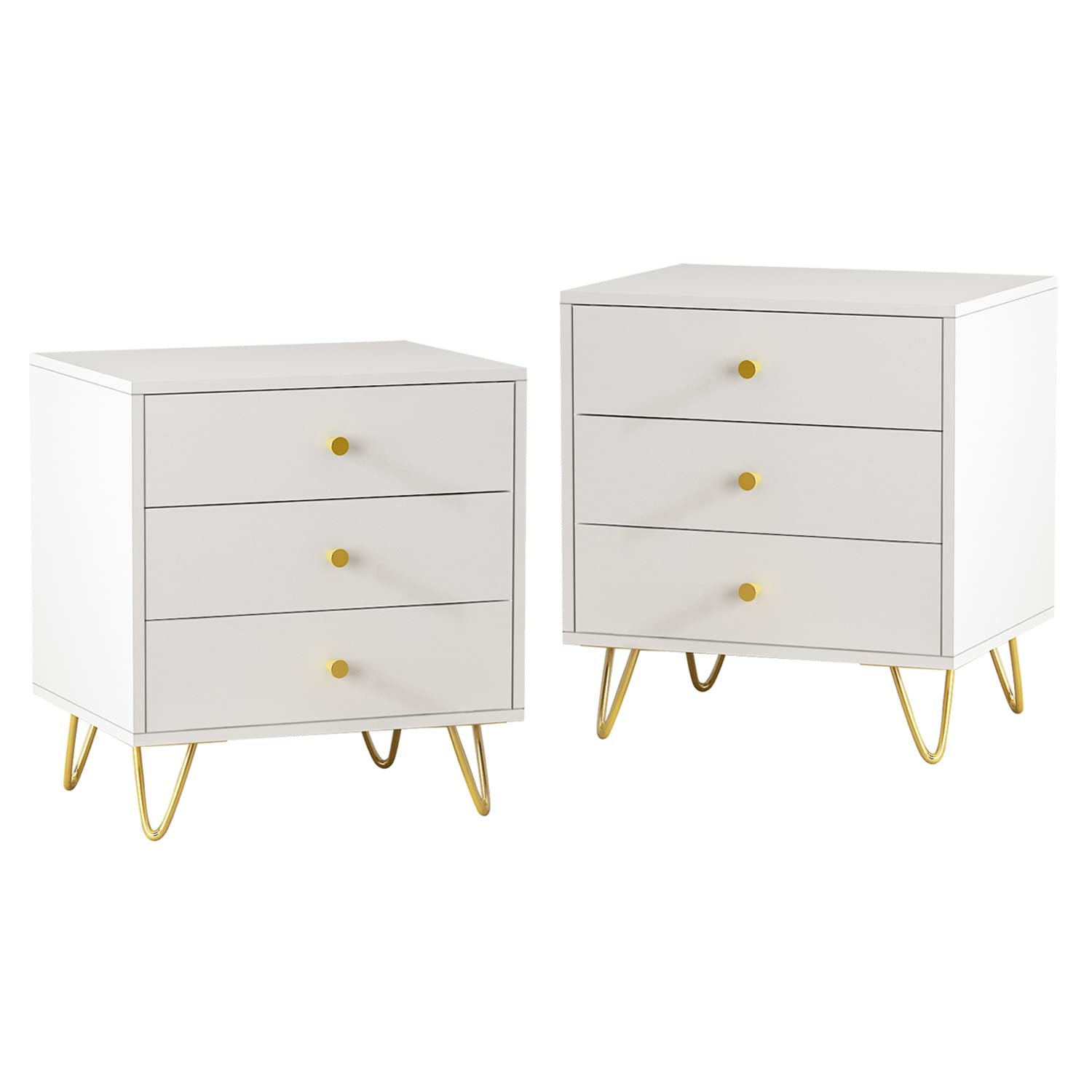 Homsee Set of 2 Modern Nightstands with 3 Drawers, Metal Legs & Storage - White Bedside Table for Bedroom, Living Room, Office (19.6”L x 15.7”W x 21.6”H) - Perfect for Small Spaces, Apartment Furniture & Home Organization