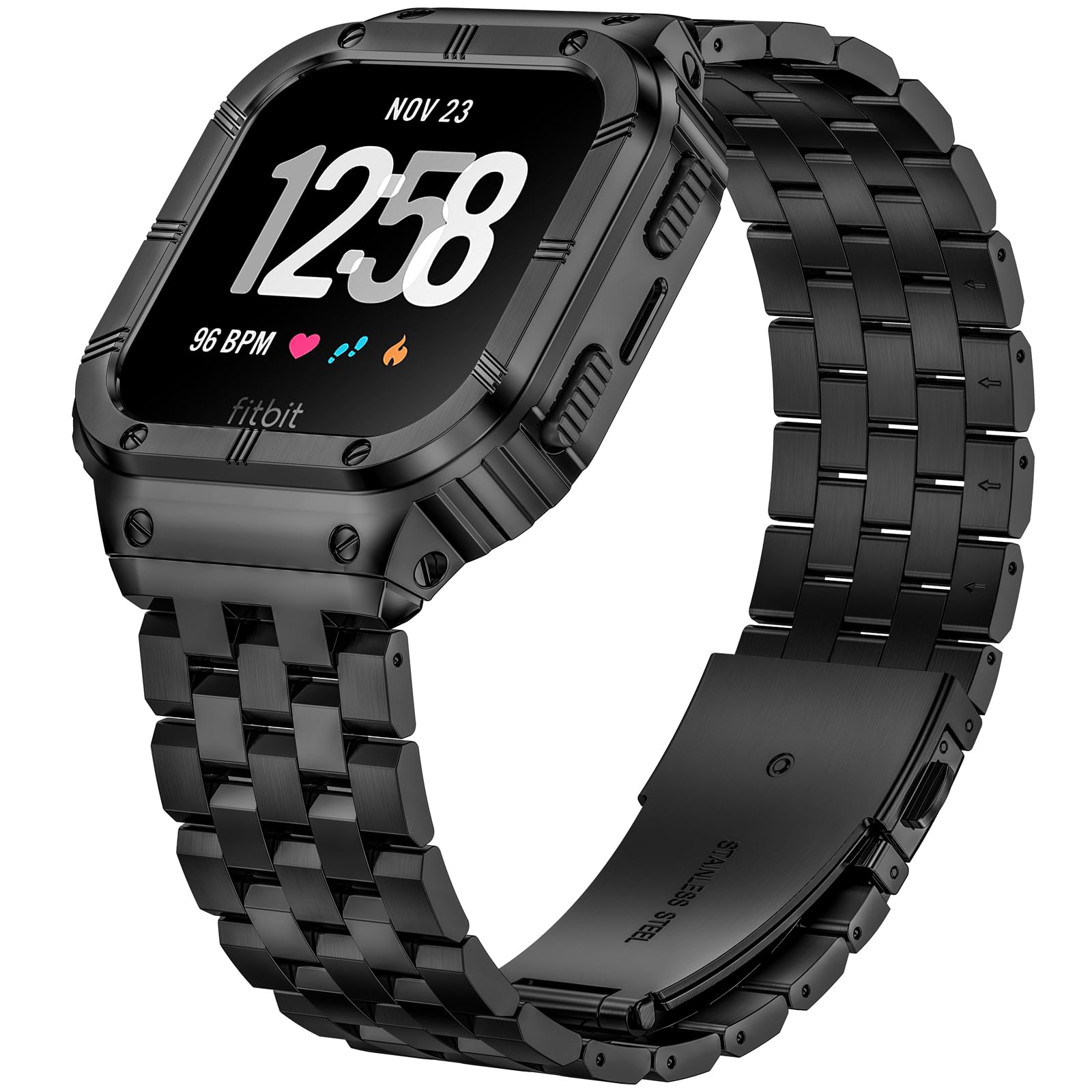 SUPLINK Stainless Steel Watch Band Compatible with Fitbit Versa 4/3/2/Versa Lite & Fitbit Sense/Sense 2 - Durable Metal Strap with Protector Cover for Men (Black) | Perfect for Workouts, Office Wear & Everyday Use