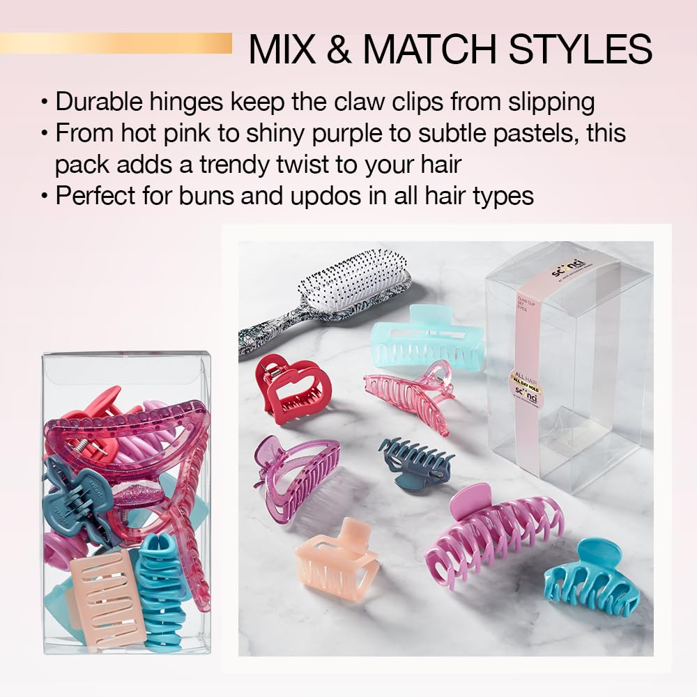 Scunci by Conair 8-Piece Pastel Hair Claw Clips Set for Women - Strong Hold Hair Clips for Thick Hair - Perfect for Ponytails, Buns & Updos - Hair Accessories for Work, Gym & Everyday Use