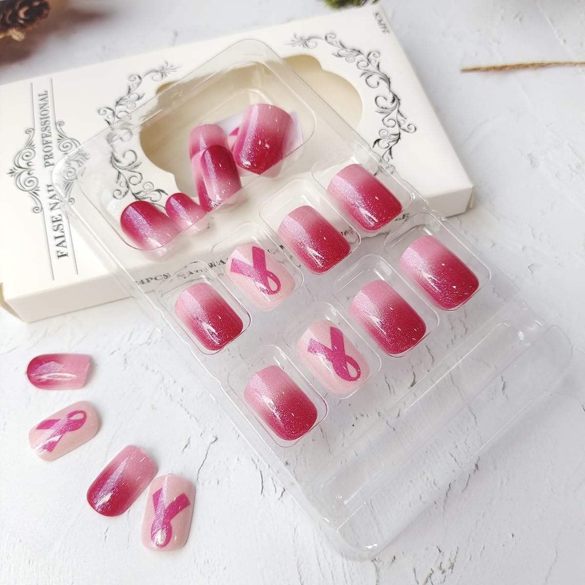24 Pcs Pink Ribbon Press-On Nails - Short Square Fake Nails with Gradient Design, Breast Cancer Awareness Nail Art Set for Women & Girls | Perfect for Holidays, Fundraisers & Everyday Wear