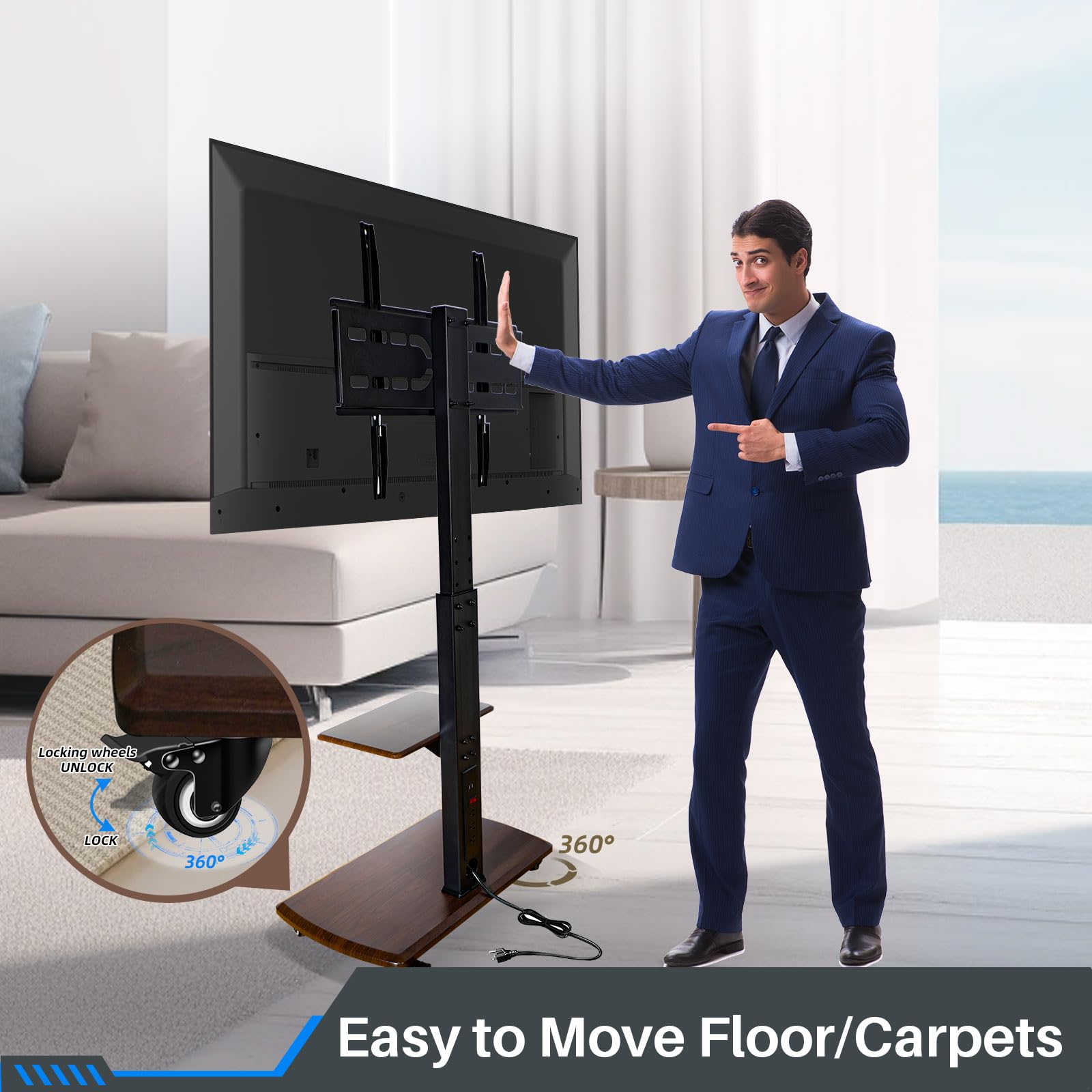 Adjustable Mobile TV Stand on Wheels for 32-80 Inch Flat/Curved TVs - Rolling TV Cart with Power Outlet, Height Adjustable, Supports 130 lbs & VESA 650x500mm - Perfect for Living Room, Bedroom, or Office (Brown)