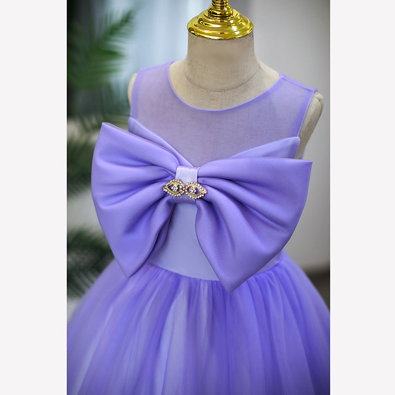 Elegant Purple Tulle A-Line Flower Girl Dress with Bow & Pleated Floor-Length Skirt - Perfect for Weddings, Pageants & Special Occasions