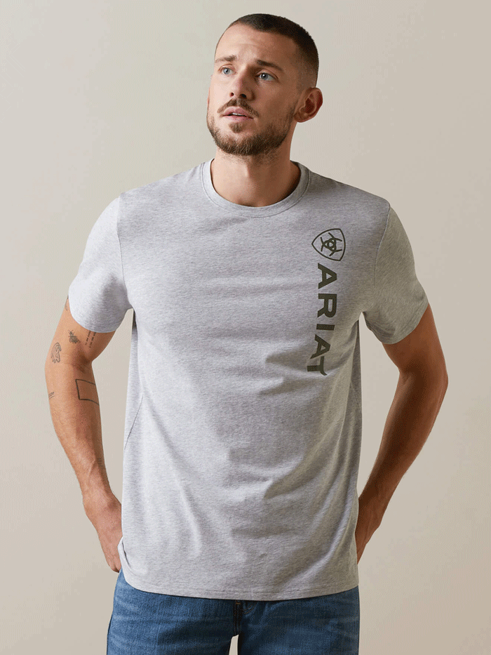 Ariat Men's Vertical Logo T-Shirt - Heather Grey - Comfortable Cotton Tee for Casual Wear & Outdoor Activities