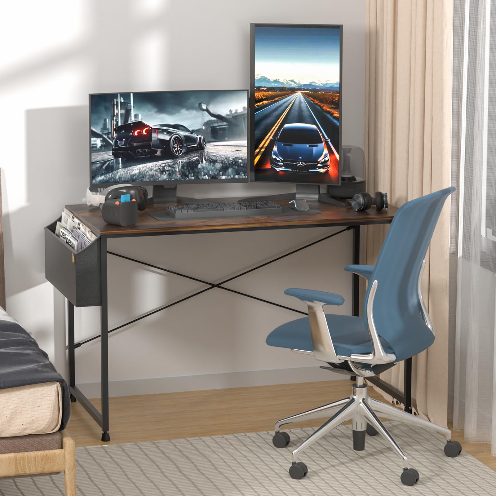 MoNiBloom 47 Inch Home Office Gaming Desk with Storage Bag - Rustic Brown Computer Study Table for Work, Gaming & Online Learning | Perfect for Small Spaces & Dorm Rooms